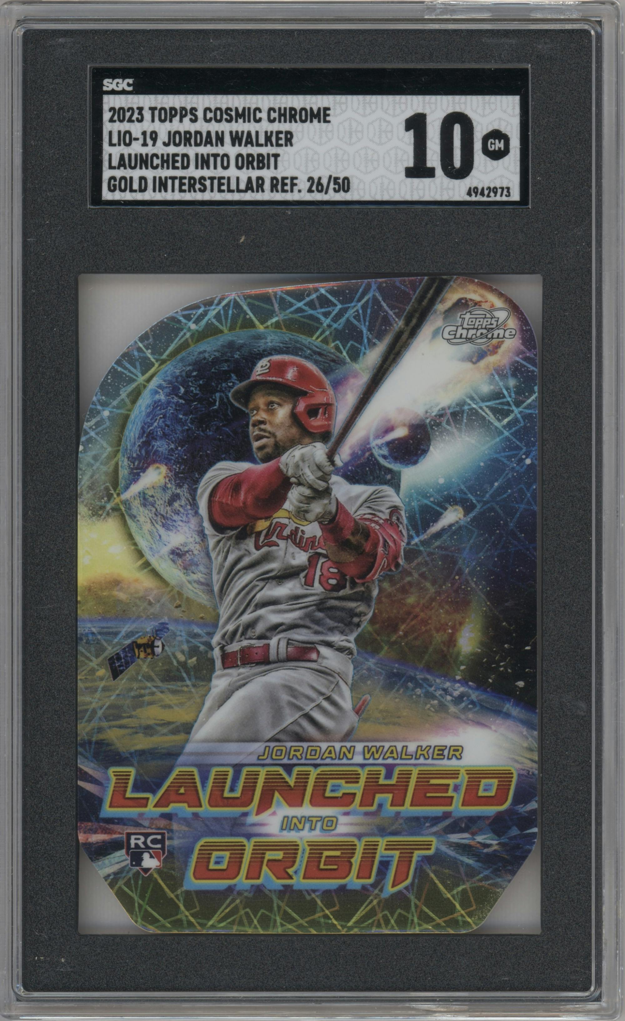 Jordan Walker from the 2023 Topps Cosmic Chrome set featuring a Gold Interstellar  parallel graded by SGC and given an overall grade of 10.
