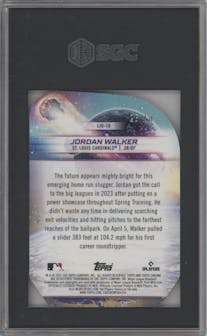 Jordan Walker from the 2023 Topps Cosmic Chrome set featuring a Gold Interstellar  parallel graded by SGC and given an overall grade of 10.