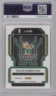 Oscar Robertson from the 2021-22 Panini Prizm  set featuring a Choice parallel graded by PSA and given an overall grade of 9.