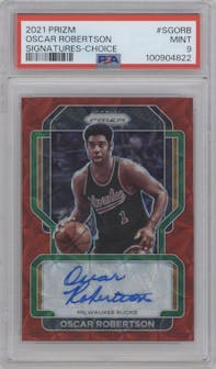 Oscar Robertson from the 2021-22 Panini Prizm  set featuring a Choice parallel graded by PSA and given an overall grade of 9.