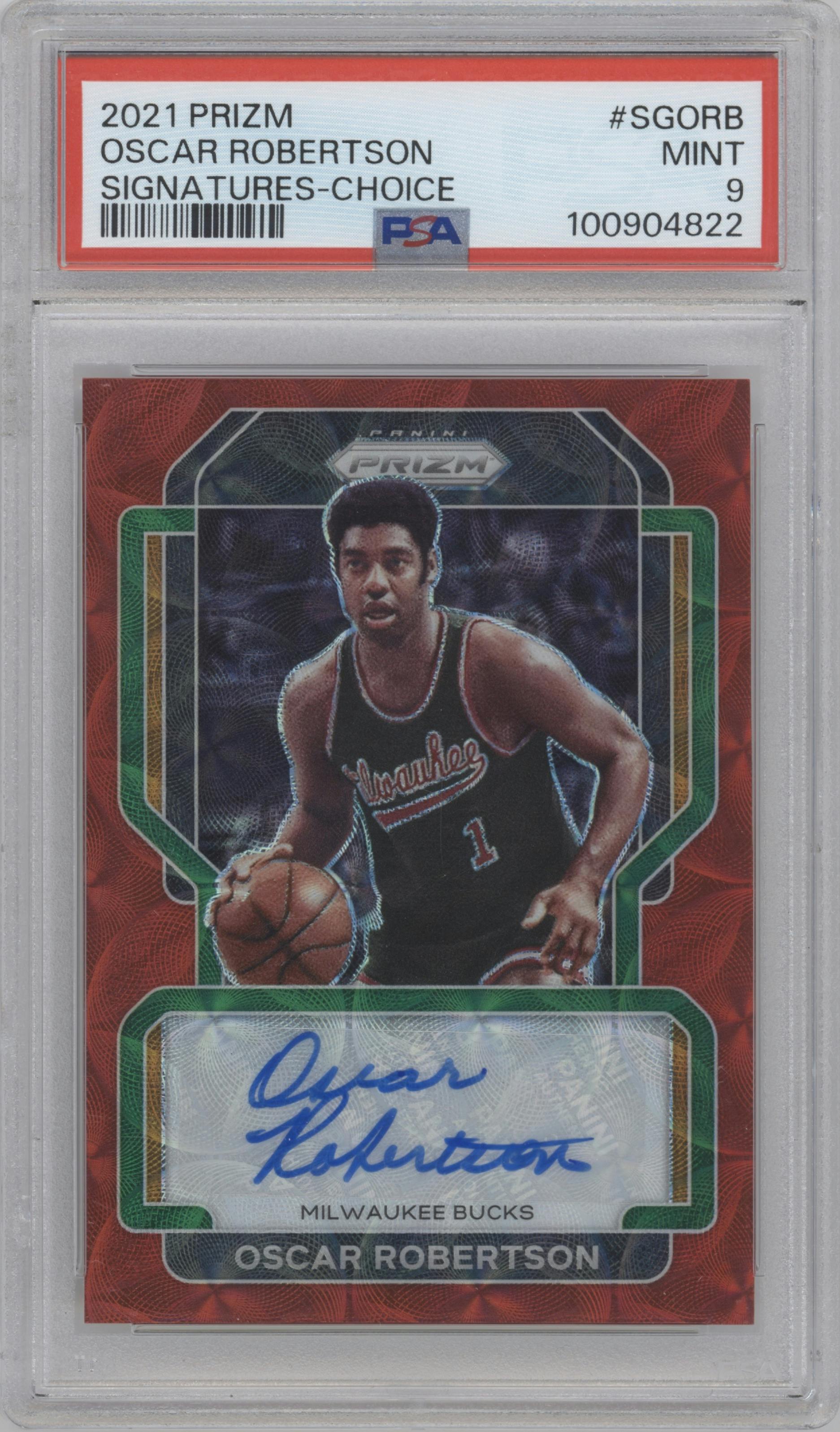 Oscar Robertson from the 2021-22 Panini Prizm  set featuring a Choice parallel graded by PSA and given an overall grade of 9.