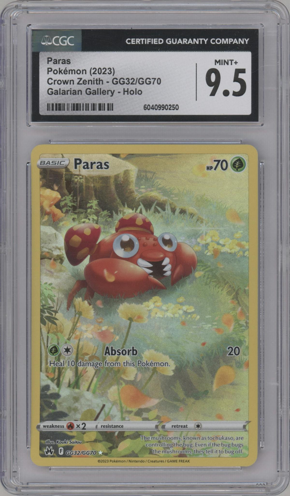 Paras from the 2023 Pokemon SWSH set graded by CSG and given an overall grade of 9.5.