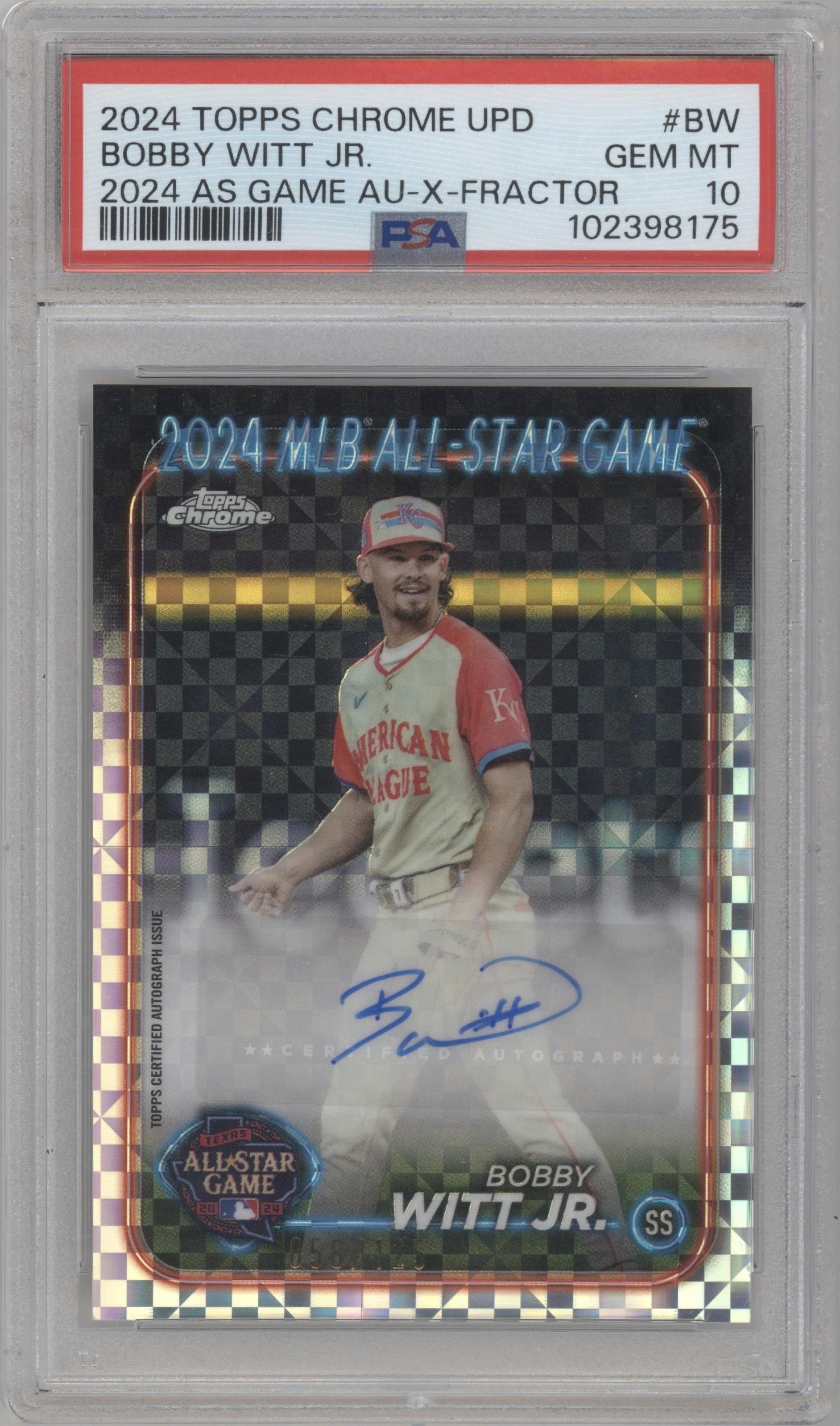 Bobby Witt Jr. from the 2024 Topps Chrome Update set featuring a X-Fractor parallel graded by PSA and given an overall grade of 10.