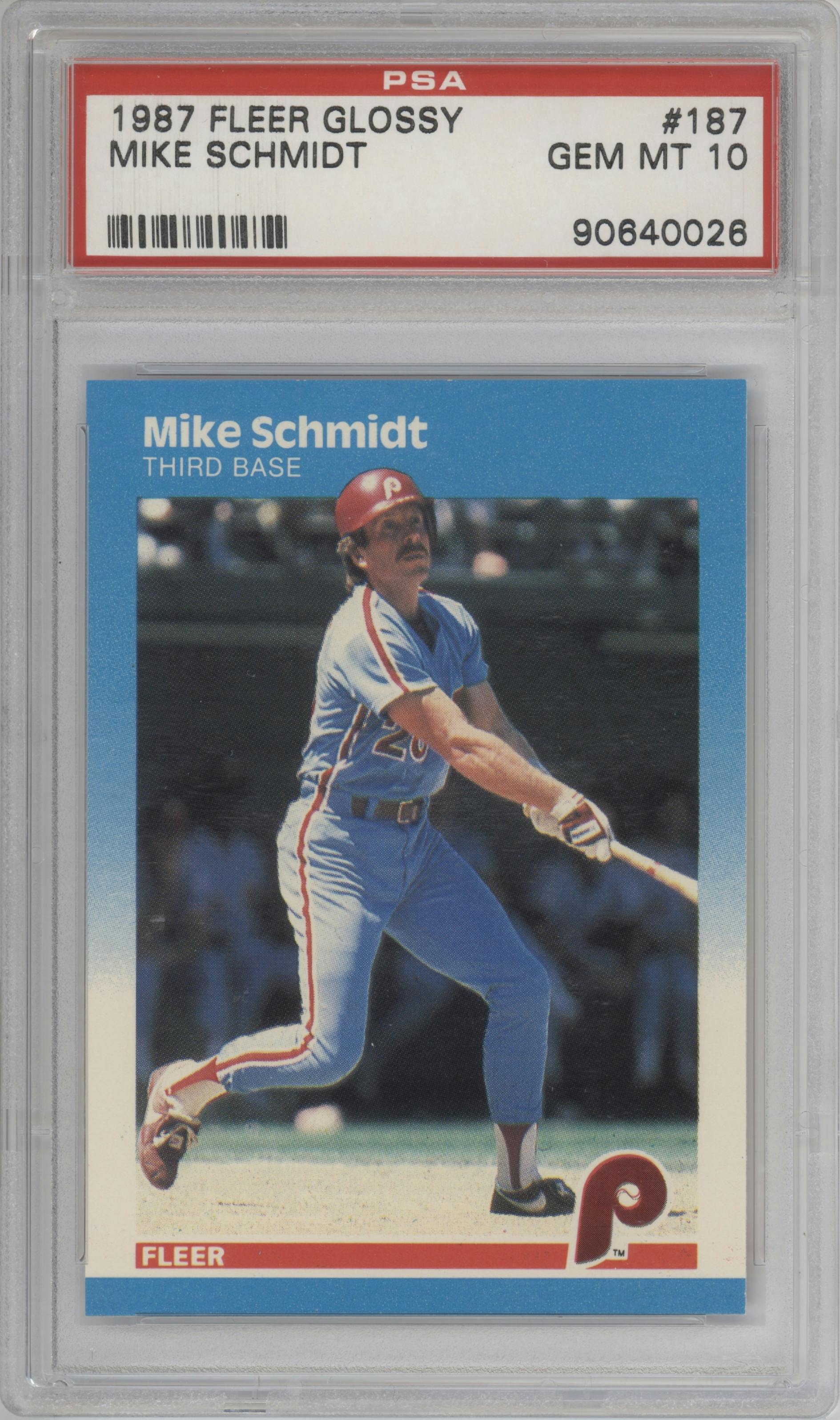Mike Schmidt from the 1987 Fleer set featuring a Glossy parallel graded by PSA and given an overall grade of 10.