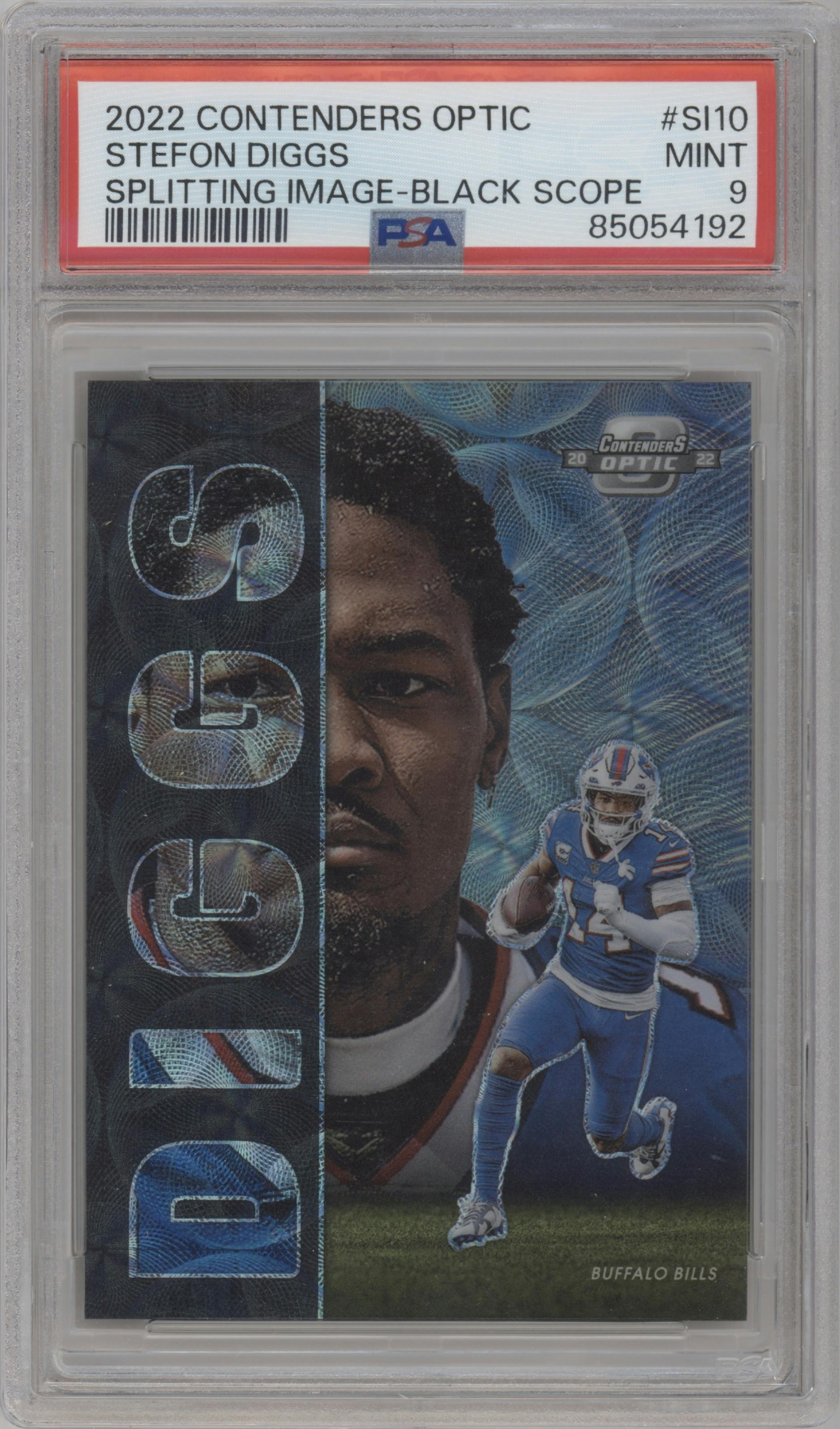 Stefon Diggs from the 2022 Panini Contenders Optic set featuring a Black Scope parallel graded by PSA and given an overall grade of 9.