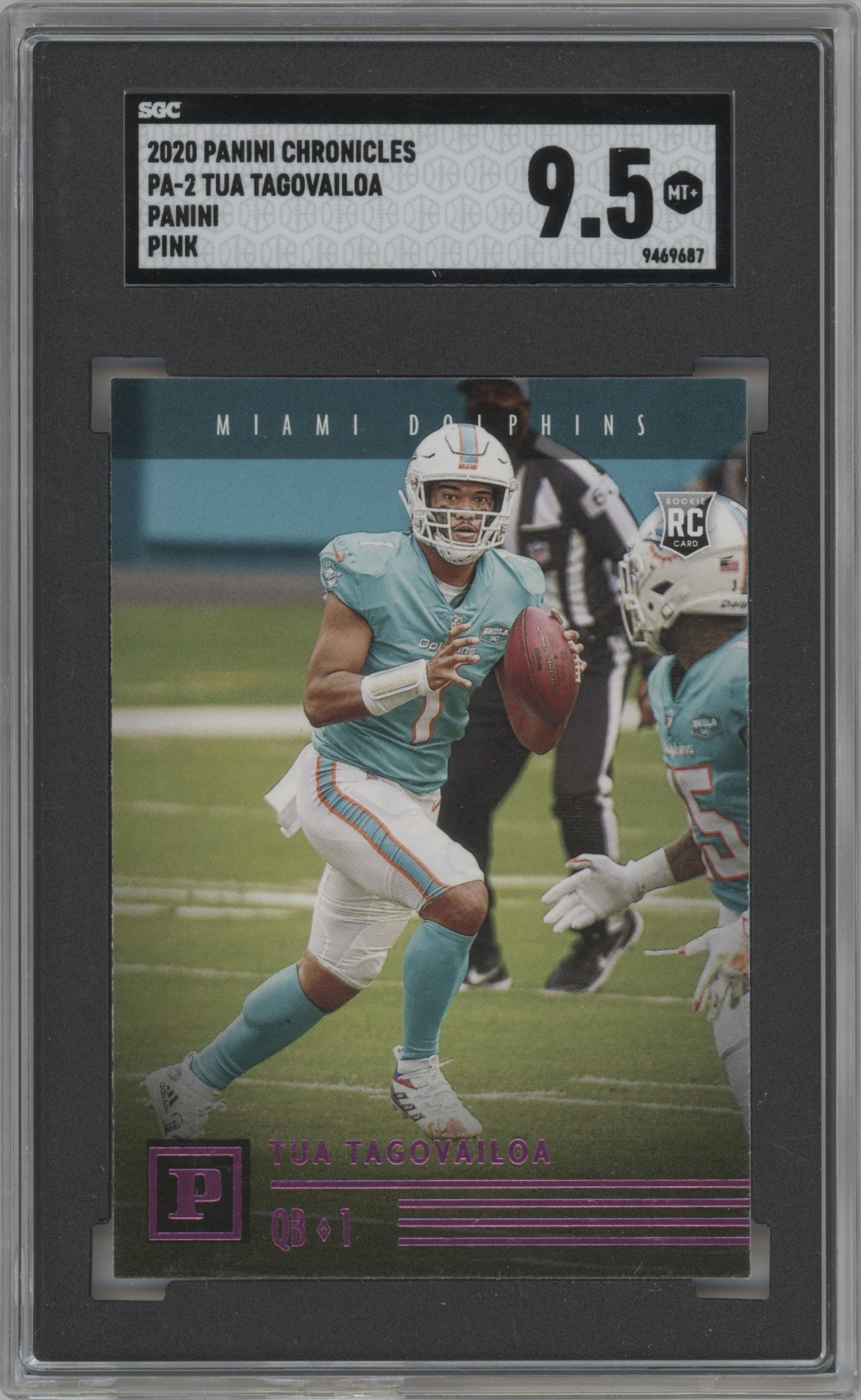 Tua Tagovailoa from the 2020 Panini Chronicles set featuring a Pink parallel graded by SGC and given an overall grade of 9.5.