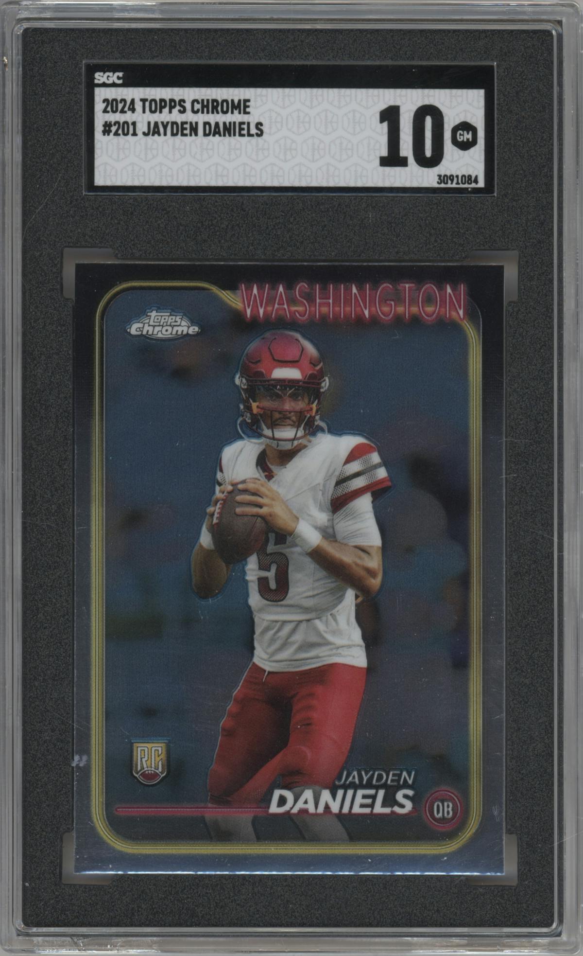 Jayden Daniels from the 2024 Topps Chrome set graded by SGC and given an overall grade of 10.