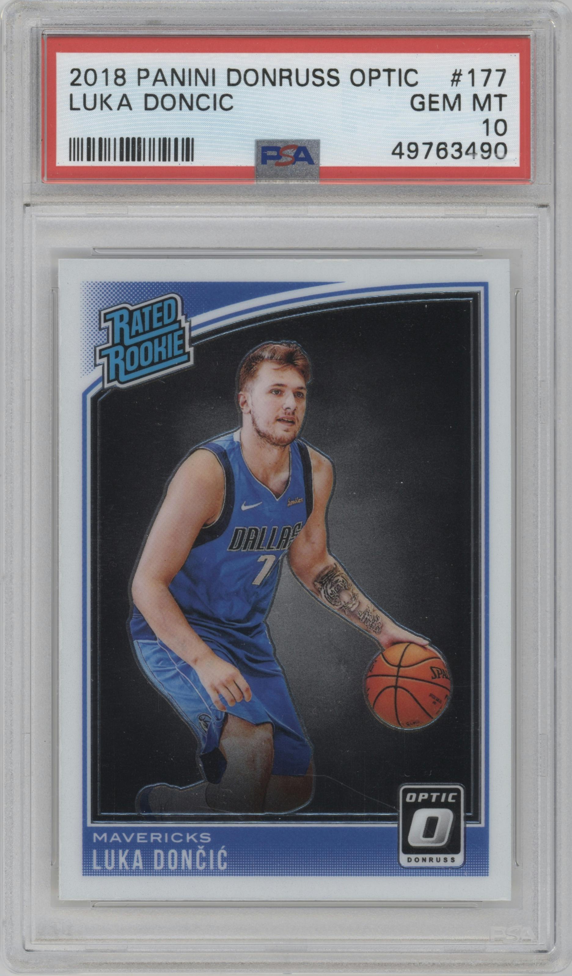 Luka Doncic from the 2018-19 Panini Donruss Optic set graded by PSA and given an overall grade of 10.