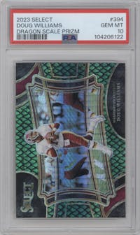 Doug Williams from the 2023 Panini Select set featuring a Dragon Scale Prizm parallel graded by PSA and given an overall grade of 10.