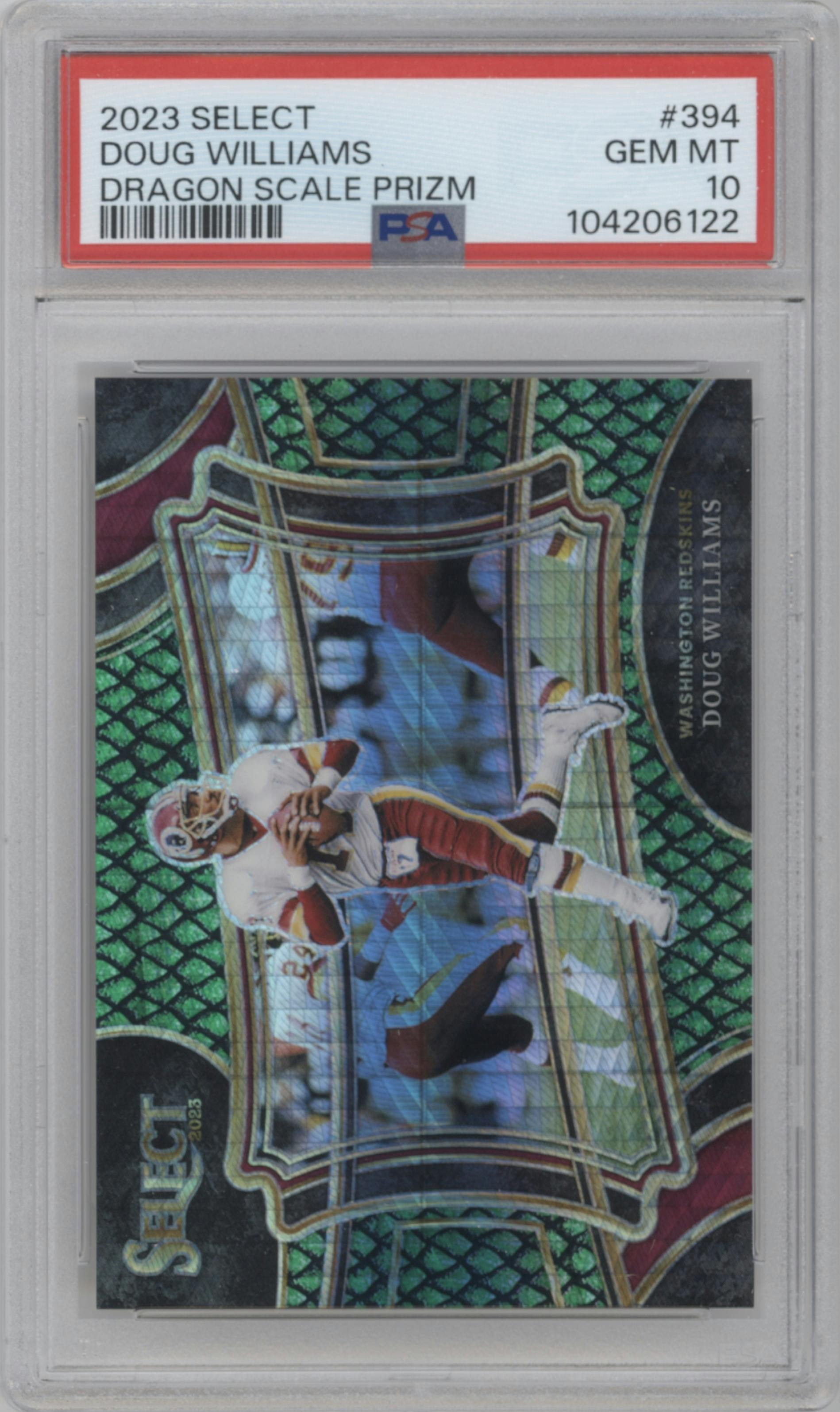 Doug Williams from the 2023 Panini Select set featuring a Dragon Scale Prizm parallel graded by PSA and given an overall grade of 10.