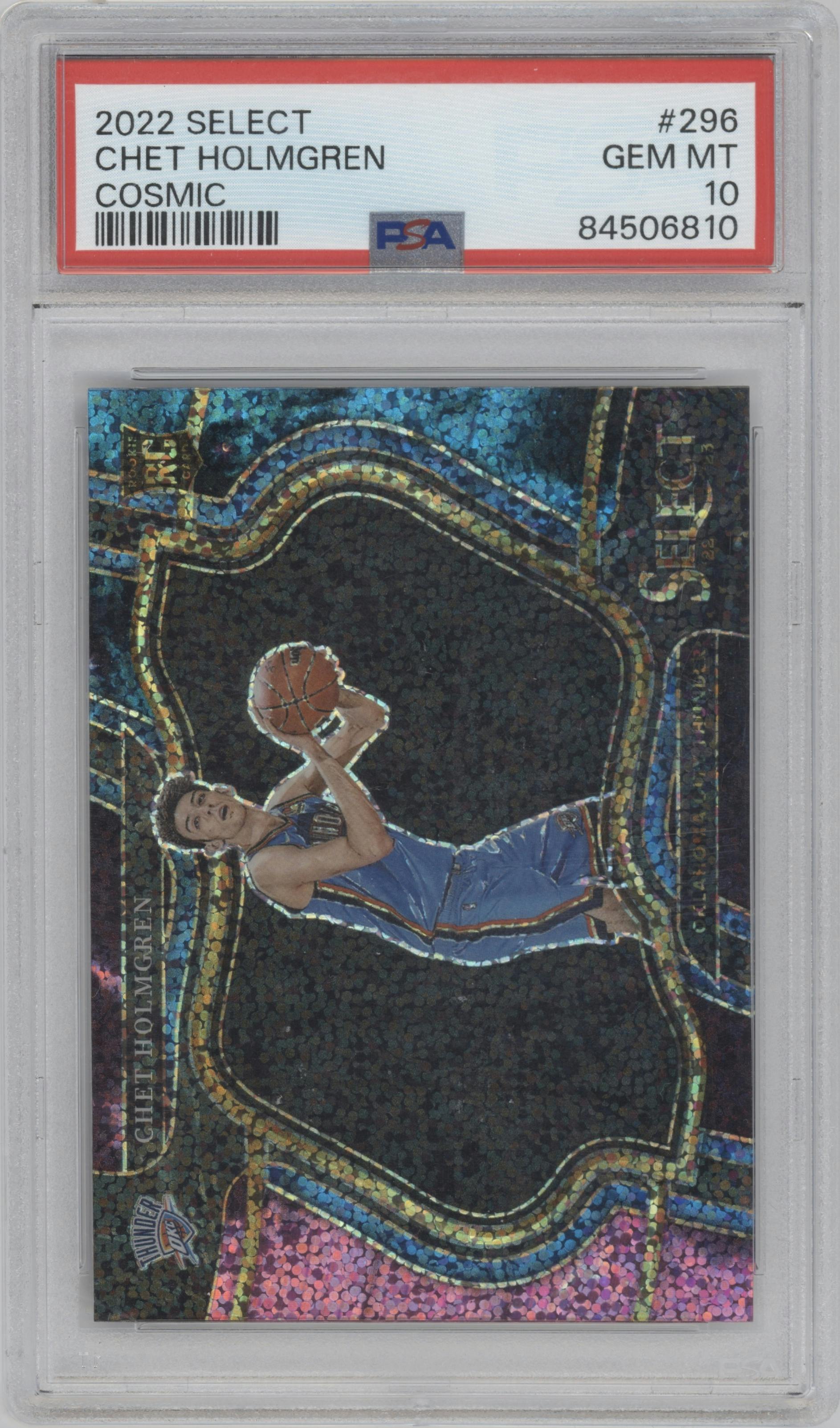 Chet Holmgren from the 2022-23 Panini Select set featuring a Cosmic parallel graded by PSA and given an overall grade of 10.