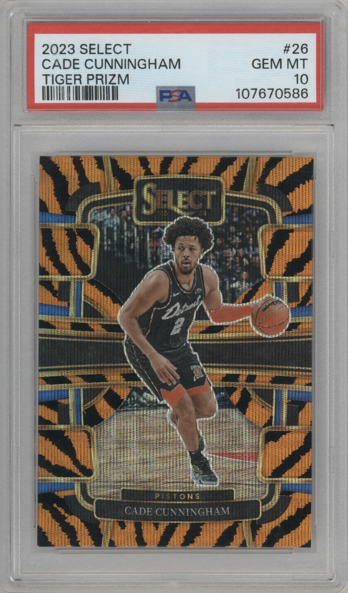 Cade Cunningham from the 2023-24 Panini Select  set featuring a Tiger parallel graded by PSA and given an overall grade of 10.