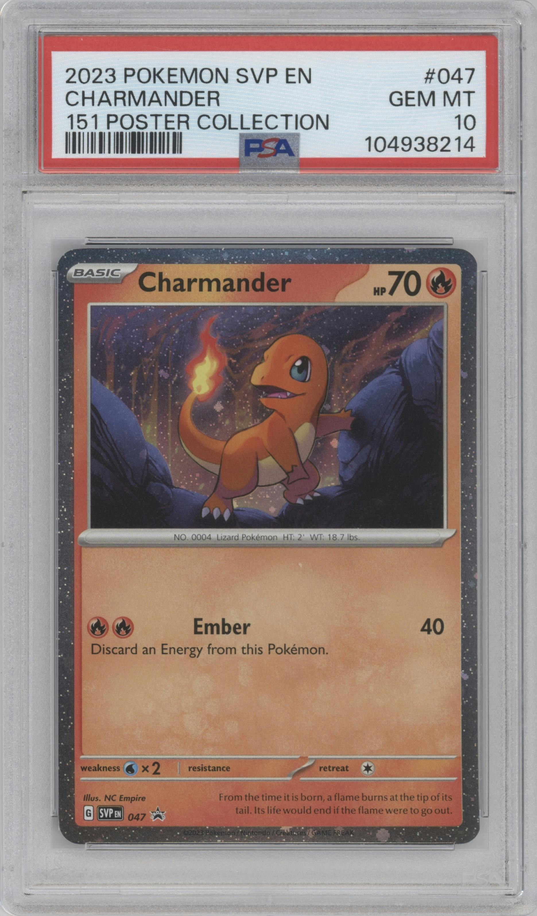 Charmander  from the 2023 Pokemon SV set featuring a Scarlet & Violet 151 Poster Collection parallel graded by PSA and given an overall grade of 10.