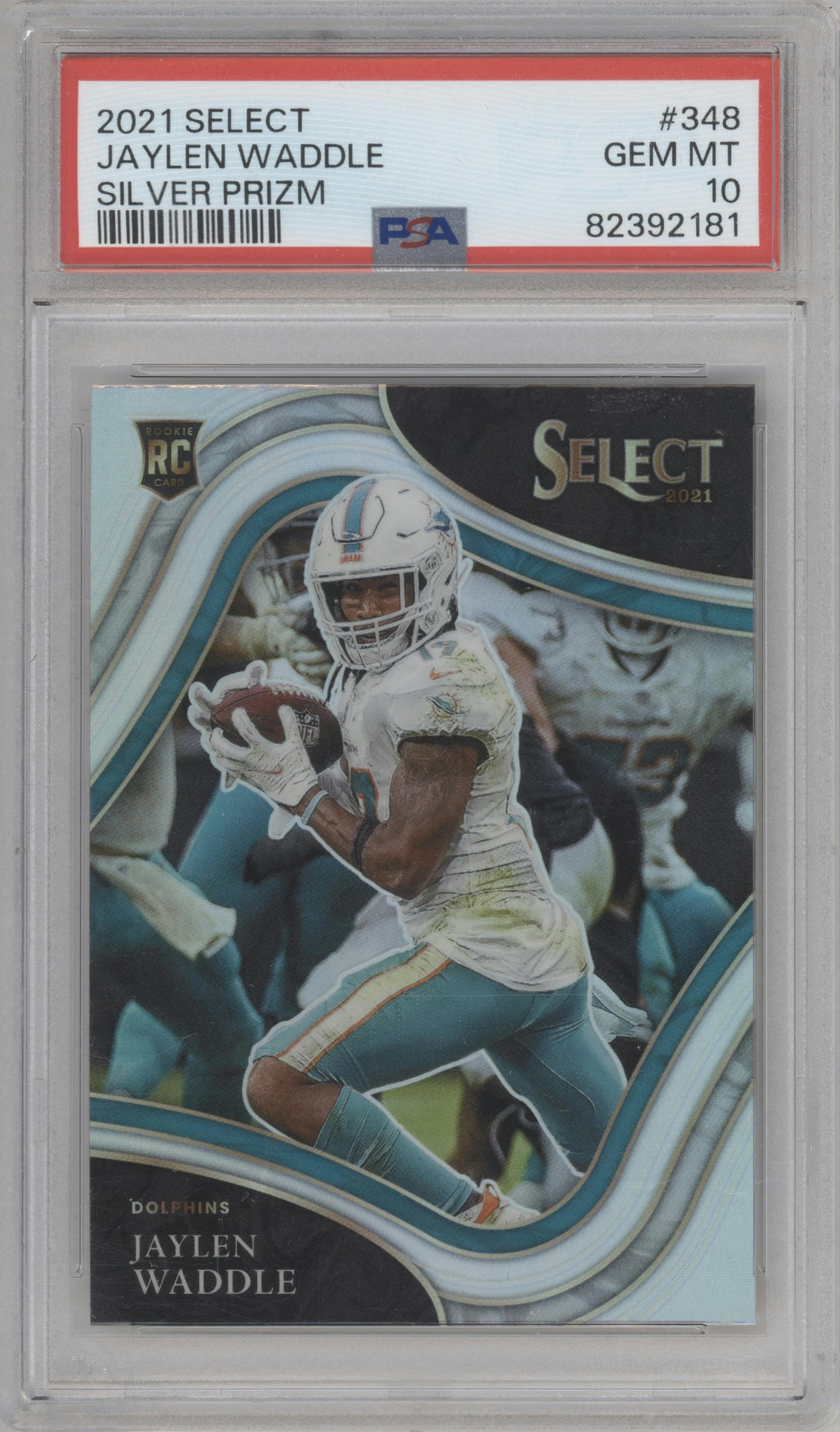 Jaylen Waddle from the 2021 Panini Select set featuring a Silver Prizm parallel graded by PSA and given an overall grade of 10.