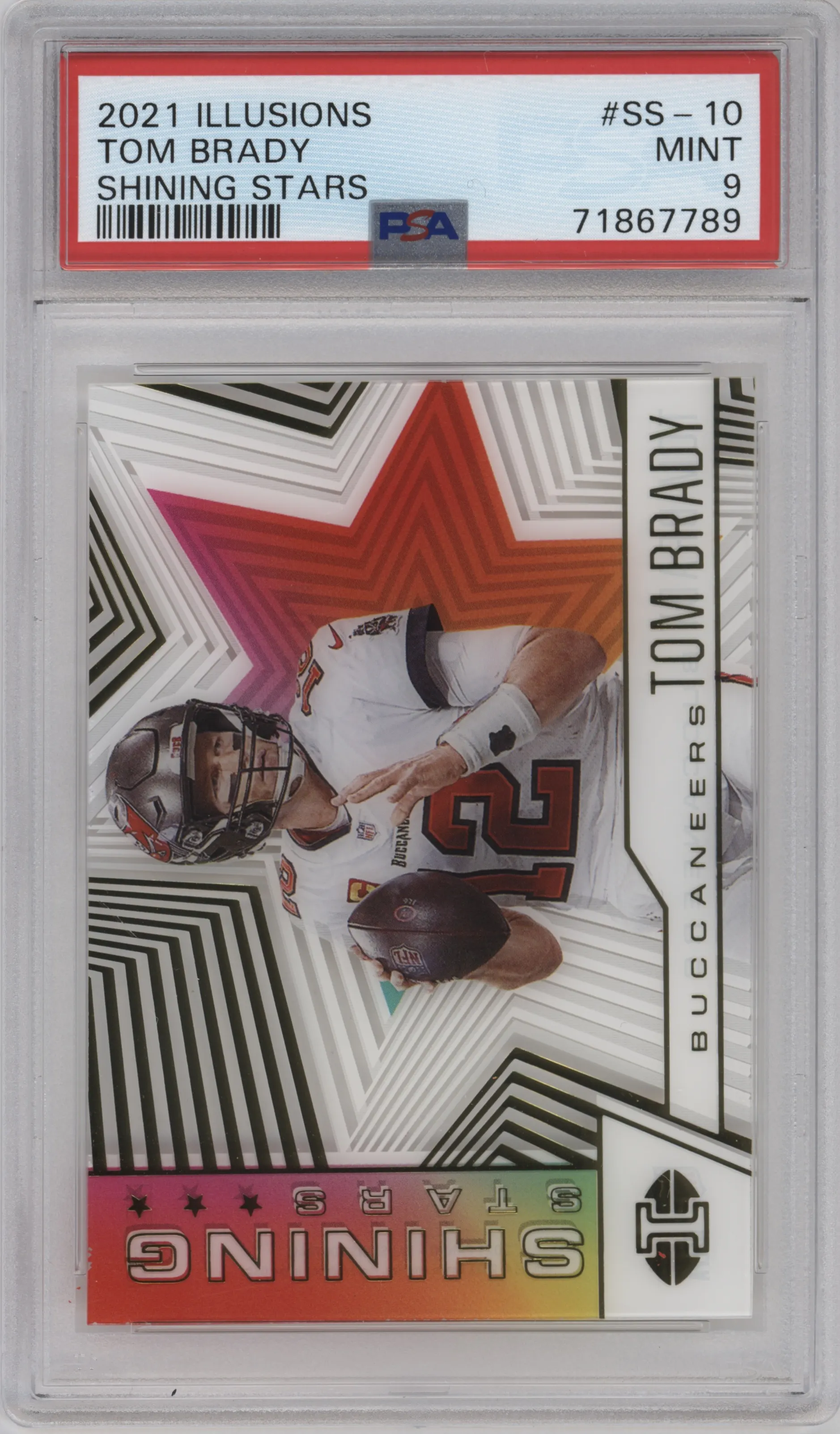 Tom Brady from the 2021 Panini Illusions set graded by PSA and given an overall grade of 9.