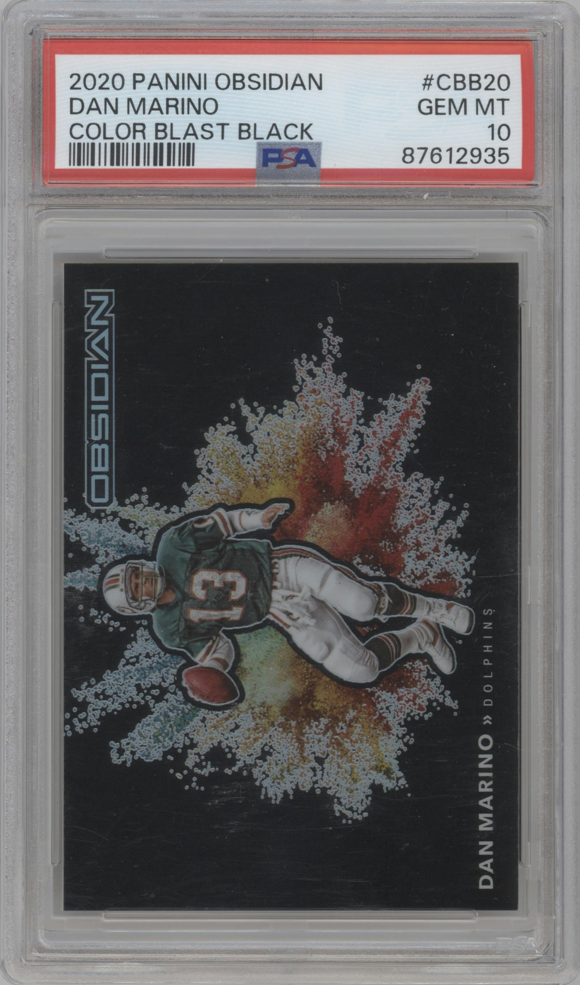 Dan Marino from the 2020 Panini Obsidian set graded by PSA and given an overall grade of 10.