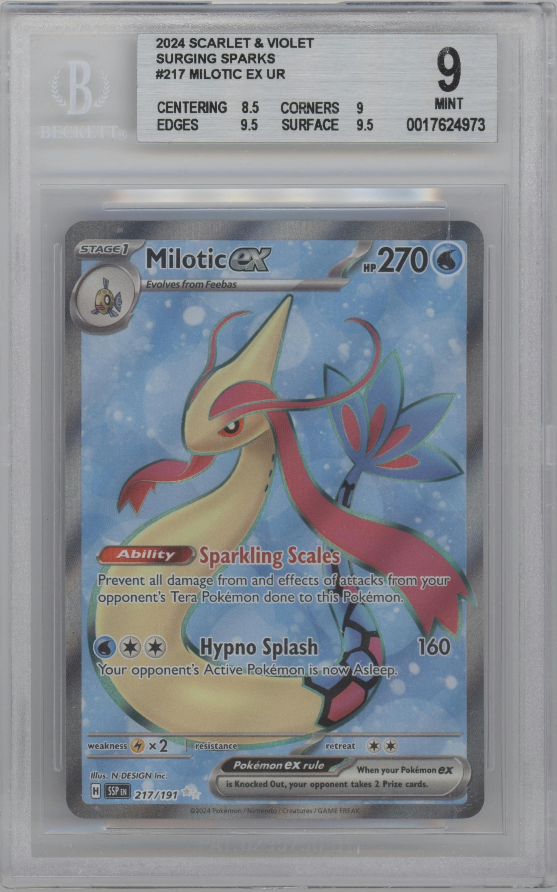 Milotic ex from the 2024 Pokemon SV set graded by Beckett and given an overall grade of 9.