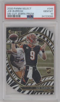 Joe Burrow from the 2020 Panini Select set featuring a Die-Cut Zebra parallel graded by PSA and given an overall grade of 10.