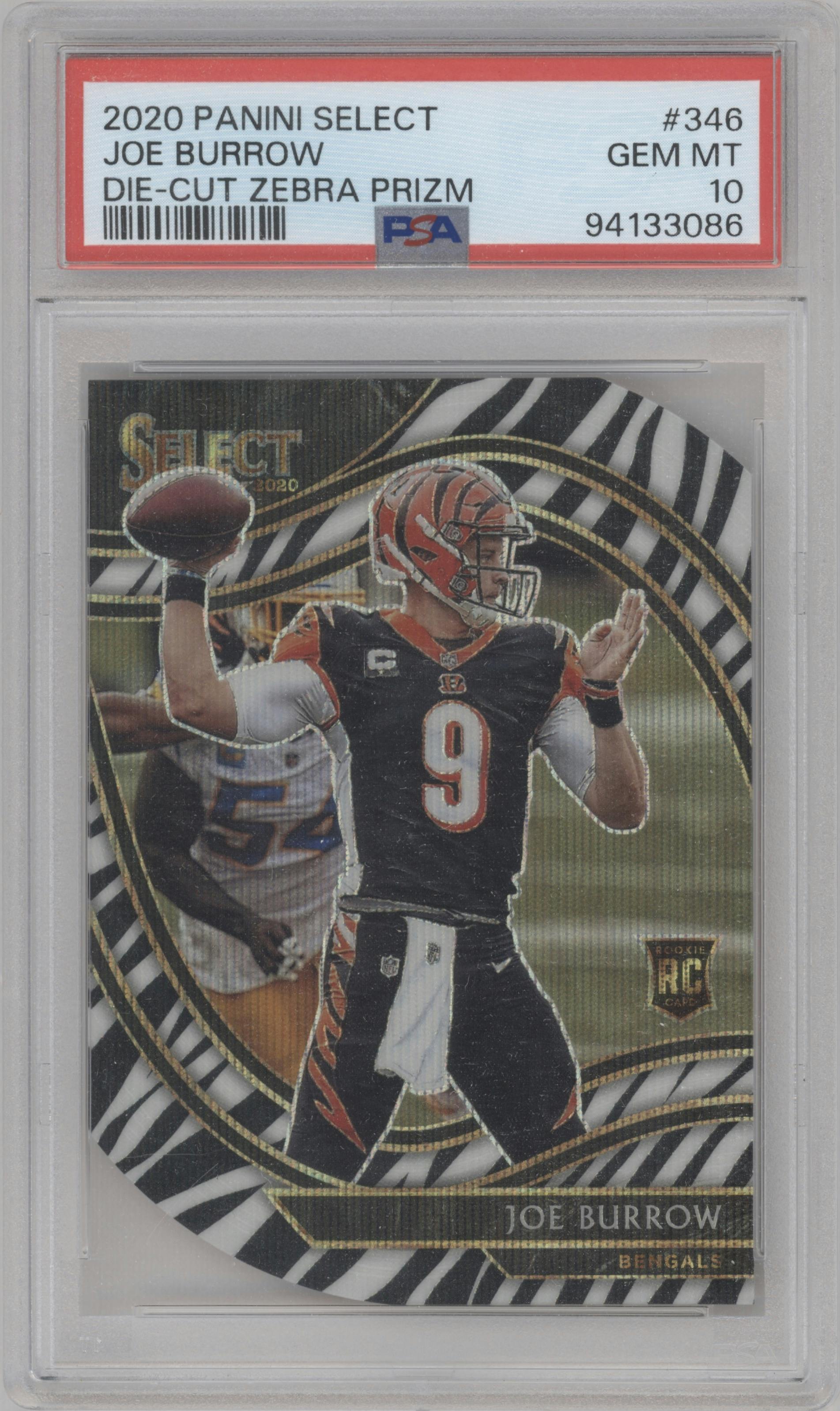 Joe Burrow from the 2020 Panini Select set featuring a Die-Cut Zebra parallel graded by PSA and given an overall grade of 10.