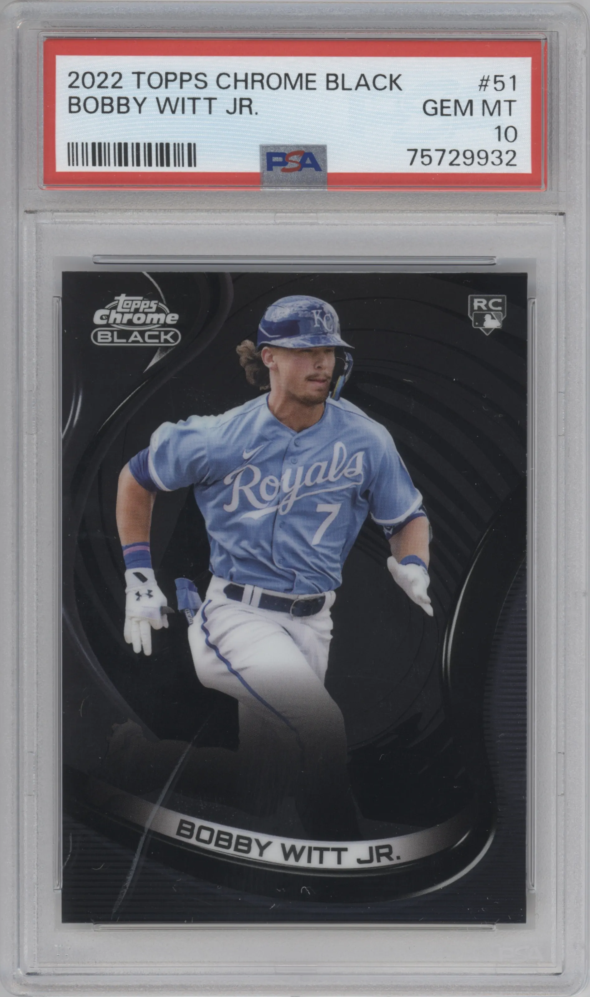 Bobby Witt Jr. from the 2022 Topps Chrome Black set graded by PSA and given an overall grade of 10.