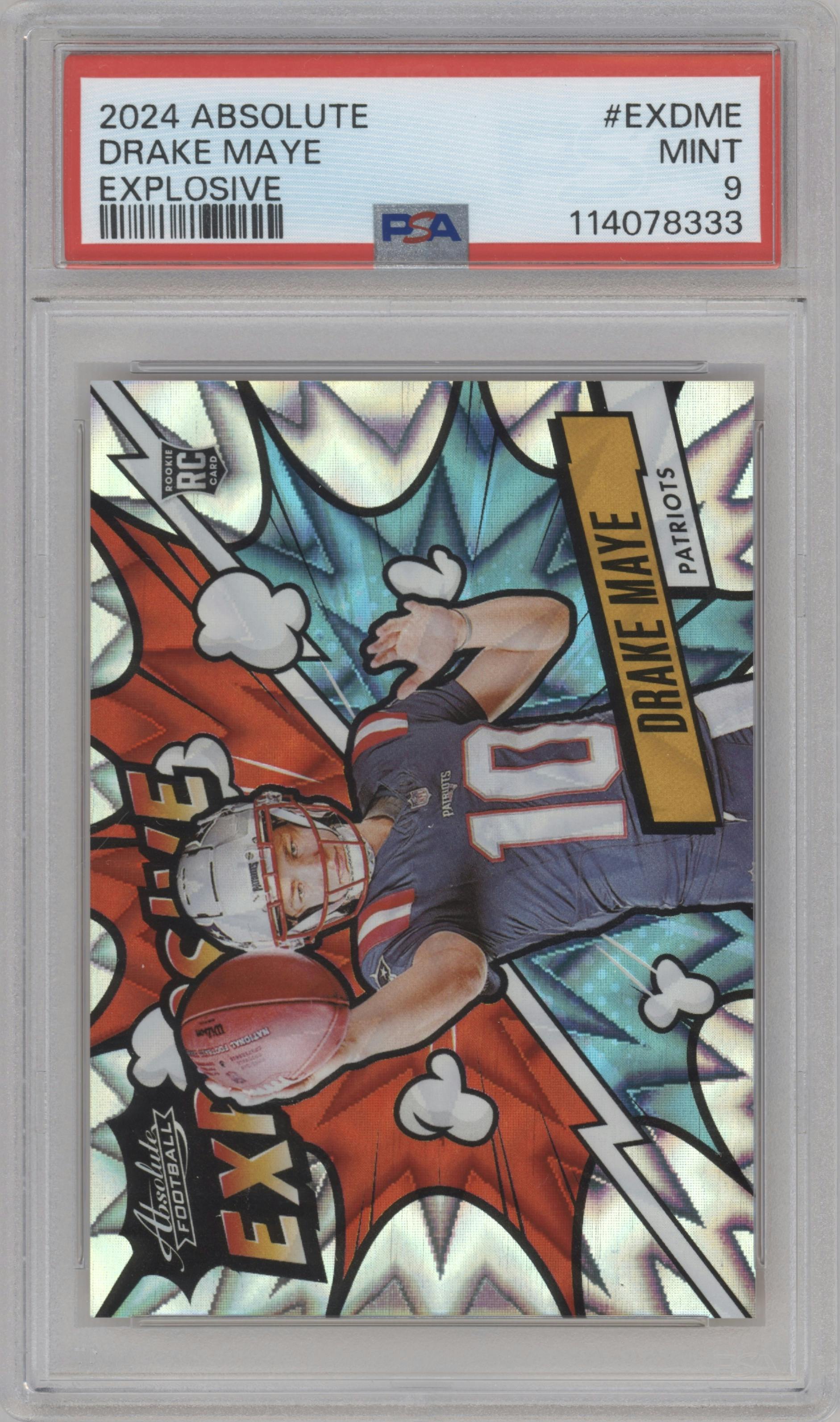 Drake Maye  from the 2024 Panini Absolute set graded by PSA and given an overall grade of 9.