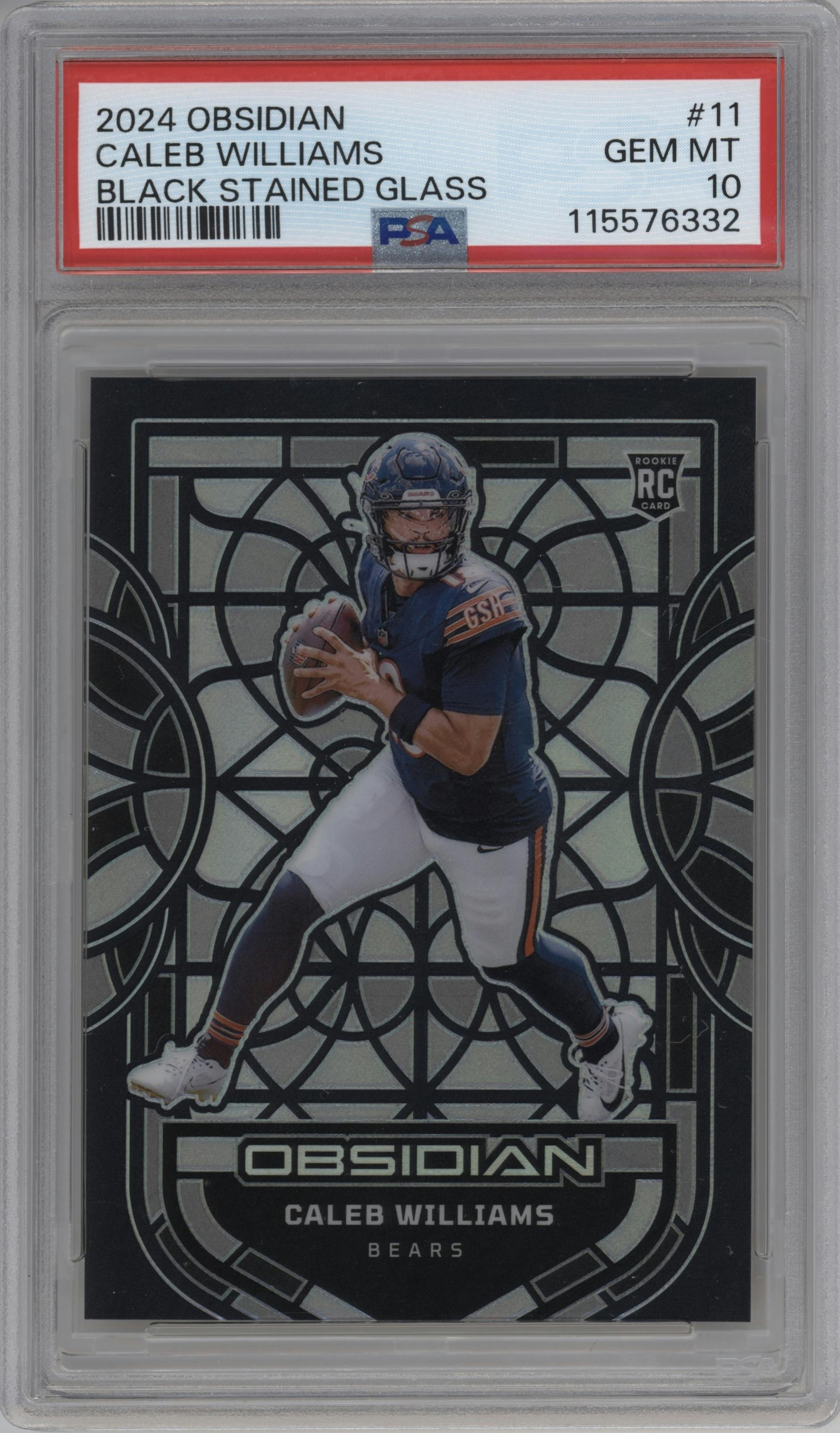 Caleb Williams from the 2024 Panini Obsidian set graded by PSA and given an overall grade of 10.