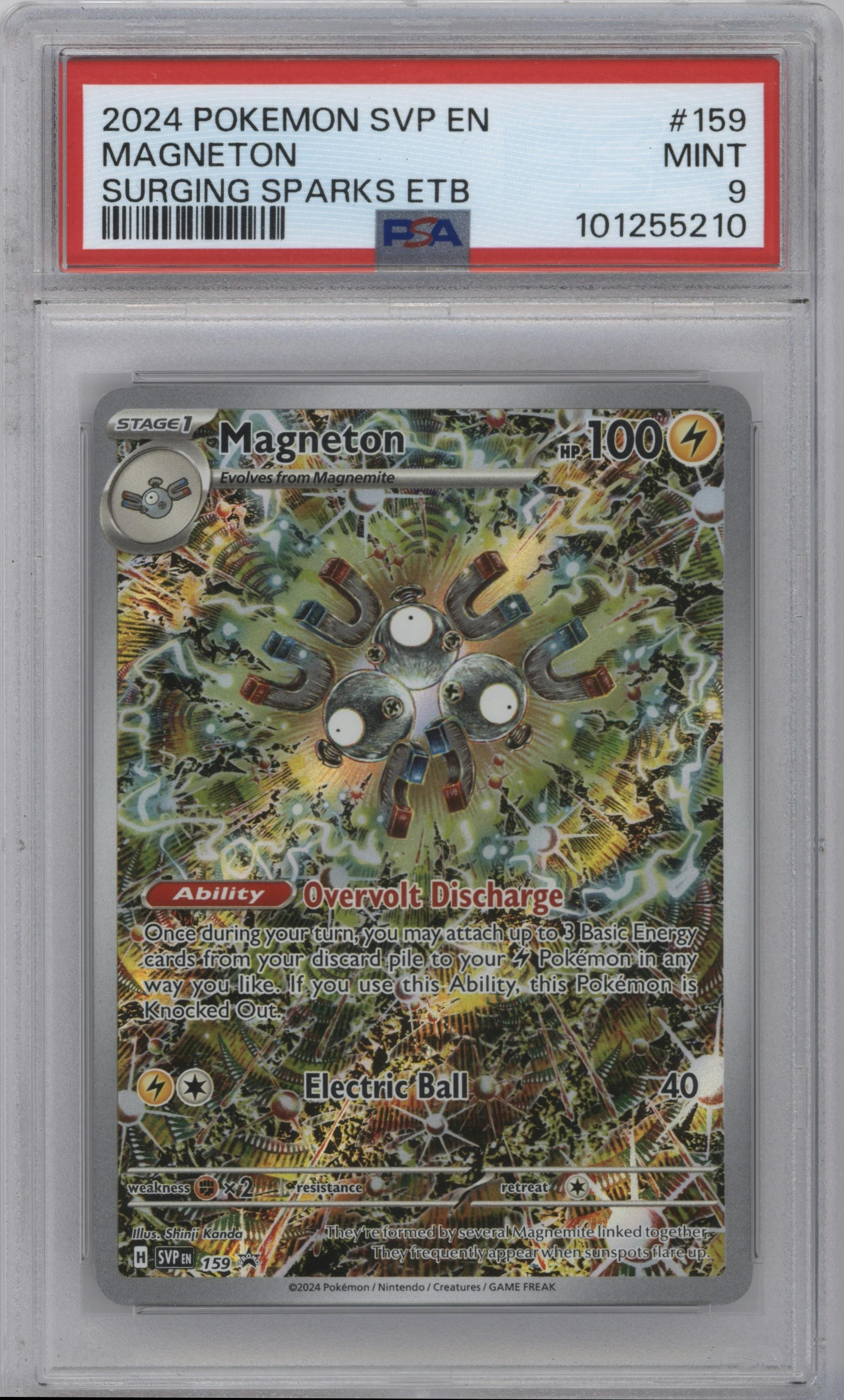 Magneton from the 2024 Pokemon SV set featuring a Surging Sparks Elite Trainer Box parallel graded by PSA and given an overall grade of 9.