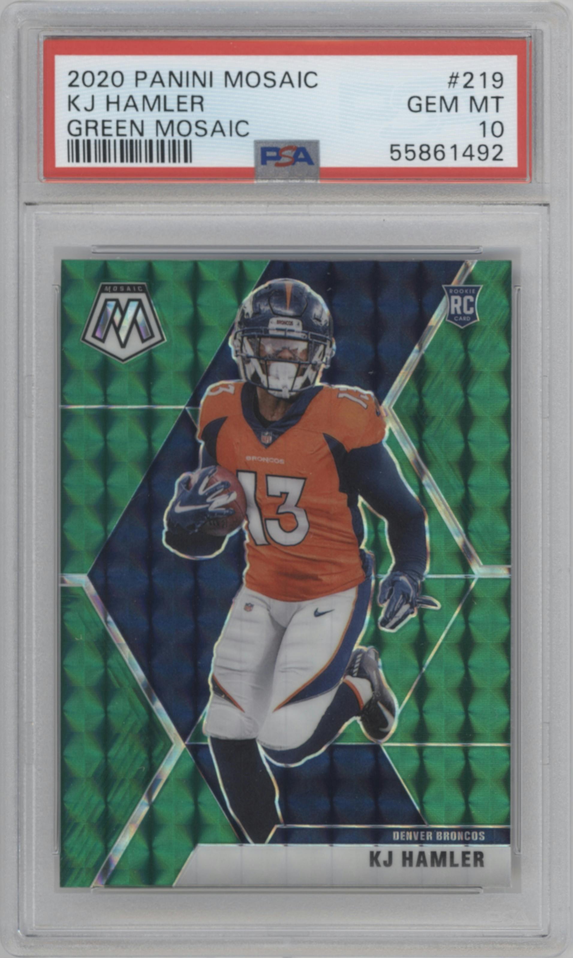 KJ Hamler from the 2020 Panini Mosaic set featuring a Green Mosaic parallel graded by PSA and given an overall grade of 10.