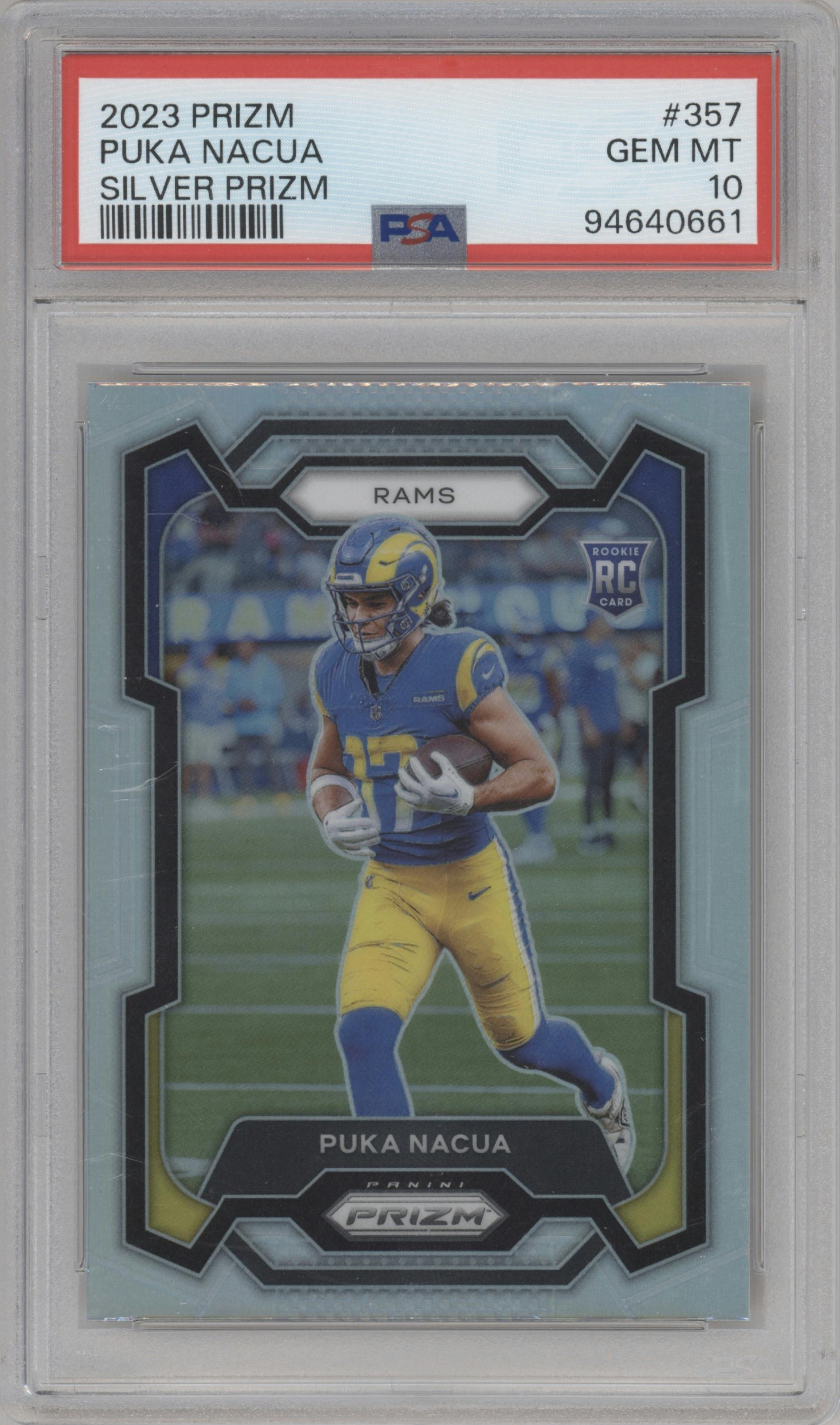 Puka Nacua from the 2023 Panini Prizm set featuring a Silver Prizm parallel graded by PSA and given an overall grade of 10.
