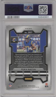 Puka Nacua from the 2023 Panini Prizm set featuring a Silver Prizm parallel graded by PSA and given an overall grade of 10.