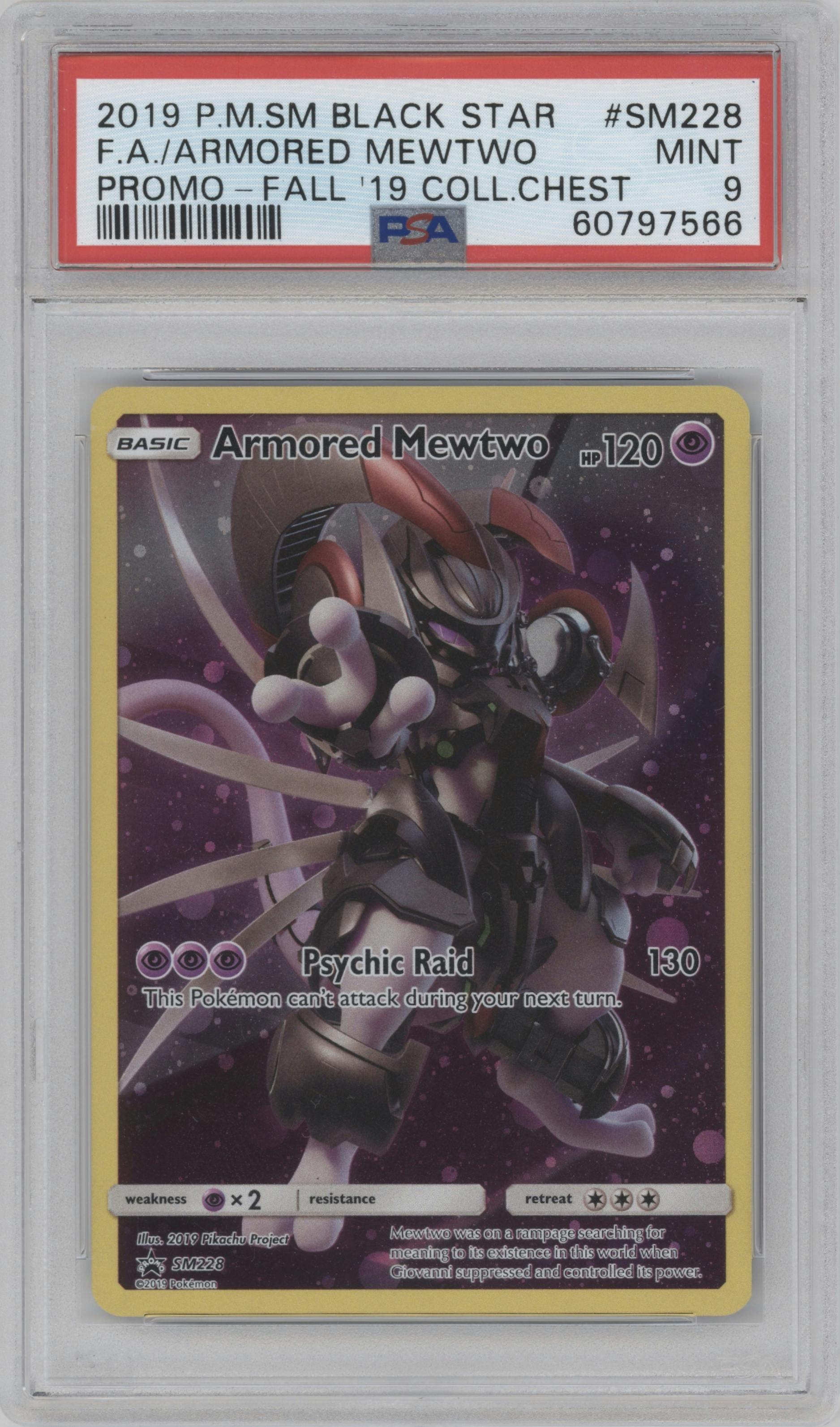Armored Mewtwo from the 2019 Pokemon S&M  set featuring a 2019 Fall Collectors Chest parallel graded by PSA and given an overall grade of 9.