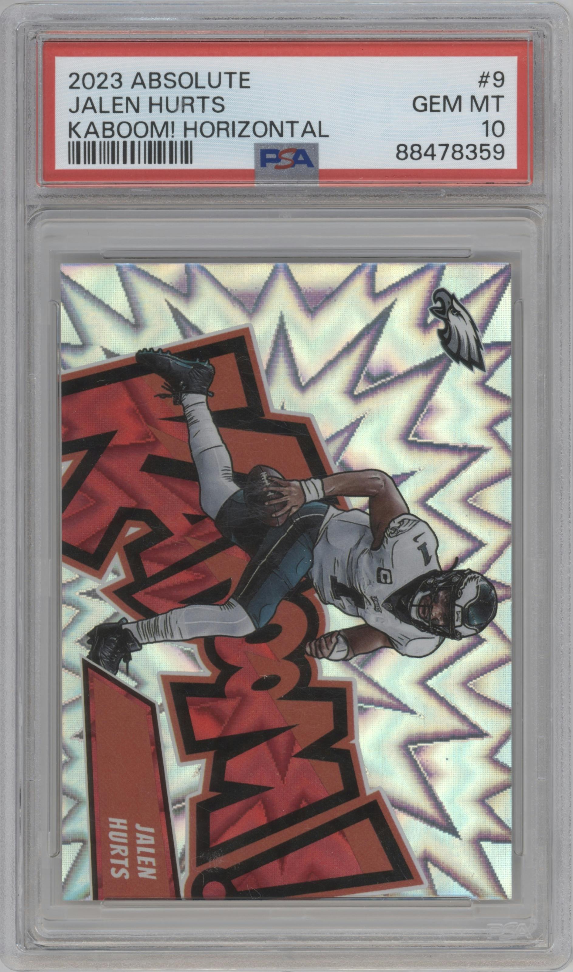 Jalen Hurts from the 2023 Panini Absolute set graded by PSA and given an overall grade of 10.