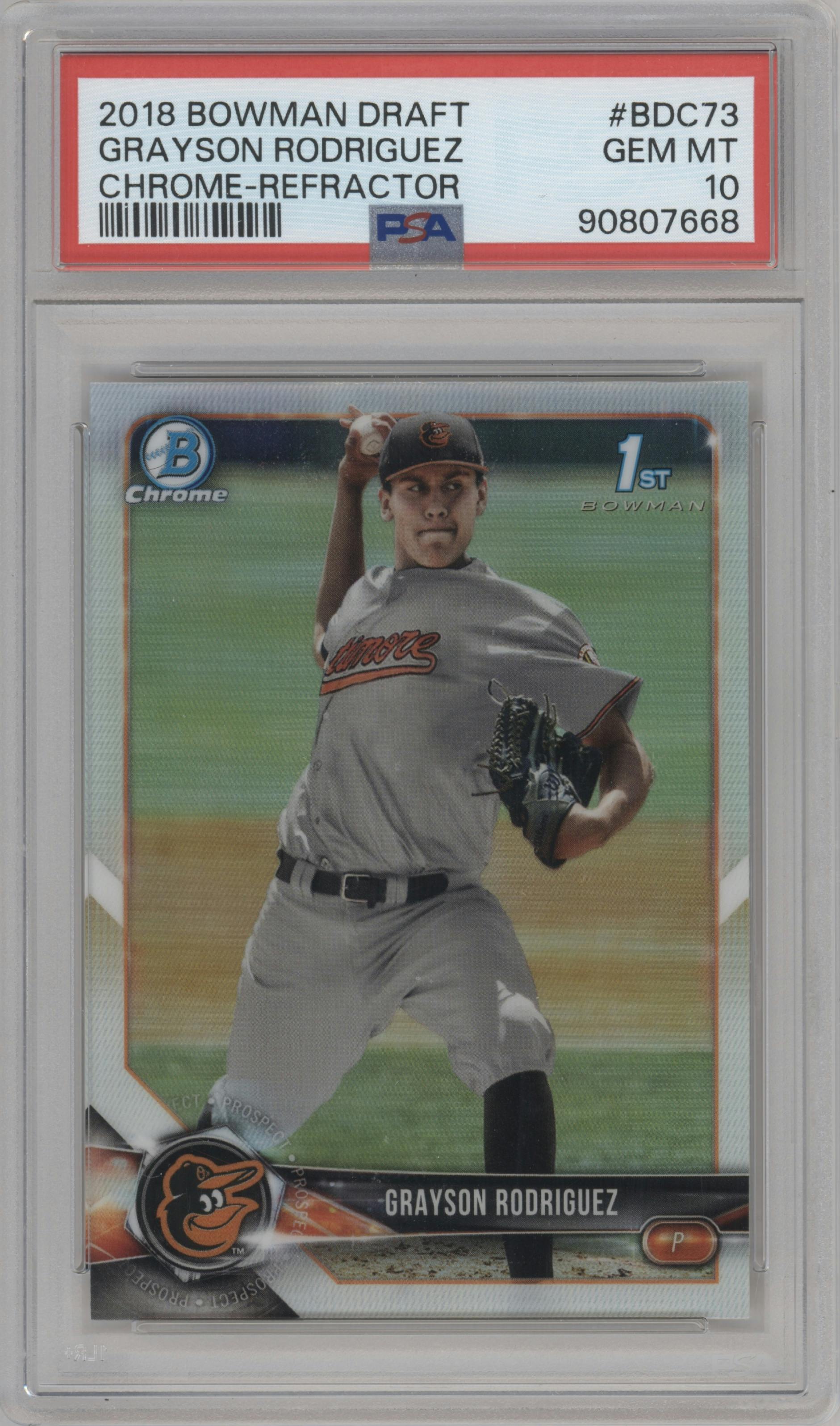 Grayson Rodriguez from the 2018 Bowman Draft set featuring a Refractor  parallel graded by PSA and given an overall grade of 10.