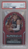 Luka Doncic from the 2020-21 Panini Obsidian set featuring a Electric Etch Red Flood parallel graded by PSA and given an overall grade of 10.