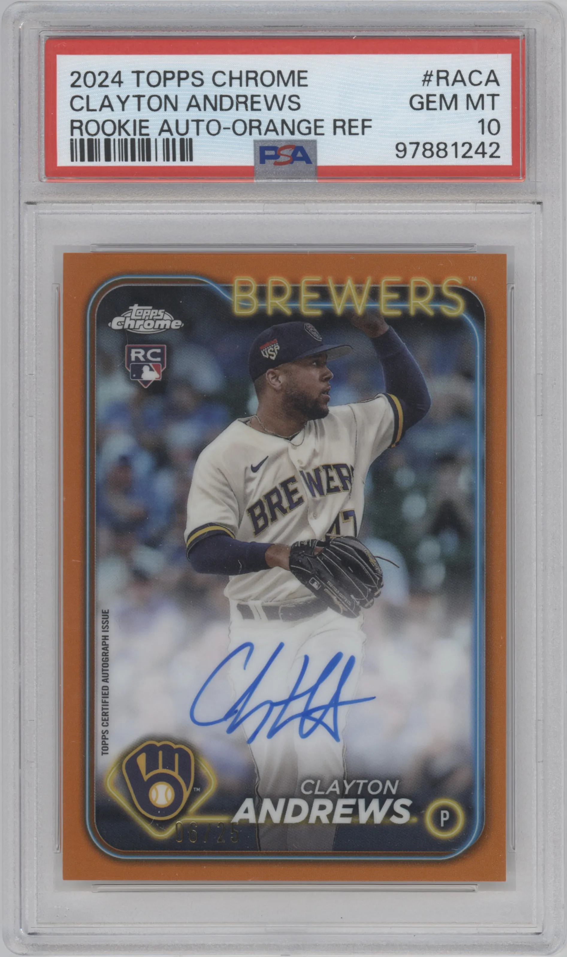 2024 Topps Chrome Rke.Auto Clayton Andrews Orange Refractor PSA 10