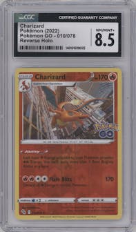 Charizard from the 2022 Pokemon SWSH set graded by CSG and given an overall grade of 8.5.
