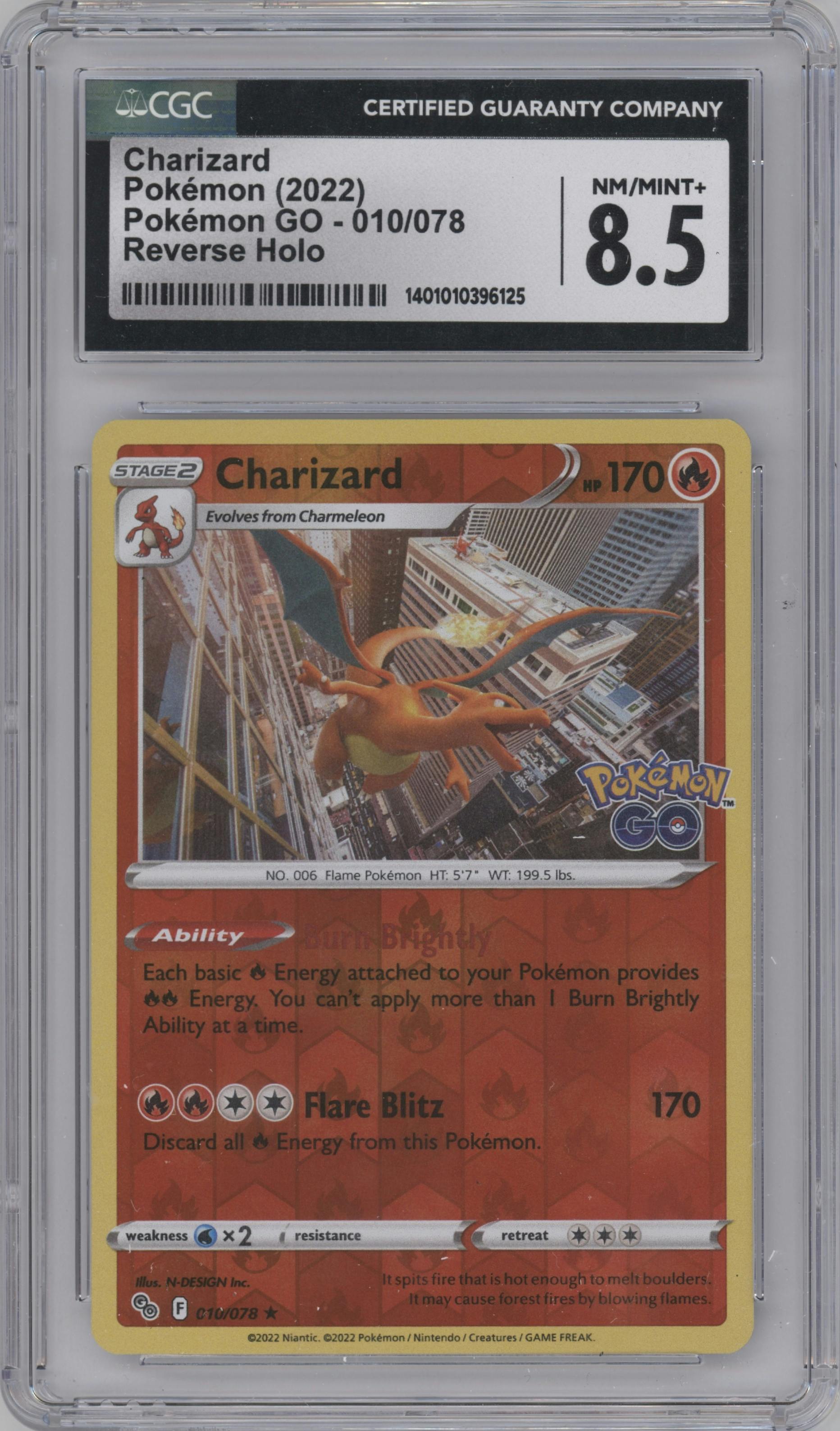 Charizard from the 2022 Pokemon SWSH set graded by CSG and given an overall grade of 8.5.