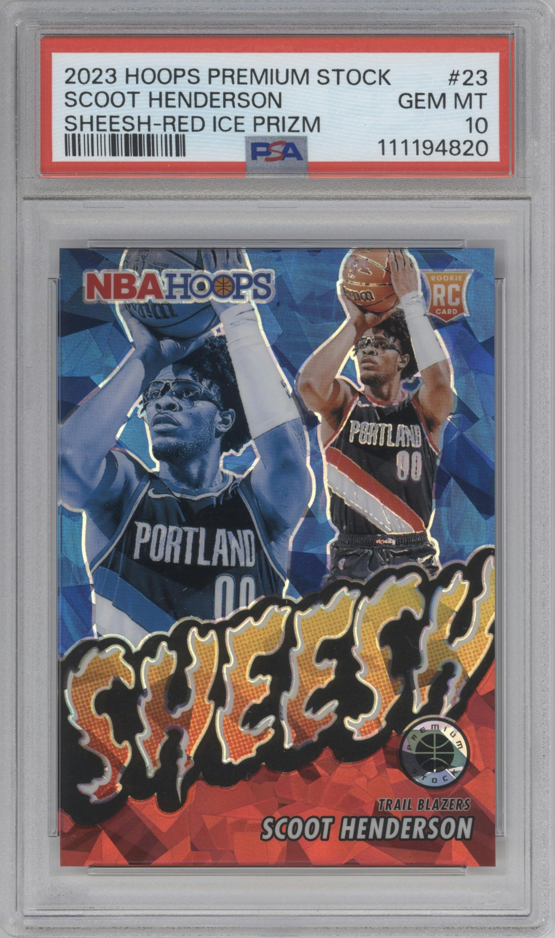 Scoot Henderson from the 2023-24 Panini Hoops Premium Stock set featuring a Red Ice parallel graded by PSA and given an overall grade of 10.