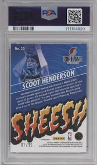 Scoot Henderson from the 2023-24 Panini Hoops Premium Stock set featuring a Red Ice parallel graded by PSA and given an overall grade of 10.