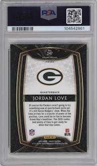 Jordan Love from the 2020 Panini Select set featuring a Tiger Prizm parallel graded by PSA and given an overall grade of 10.