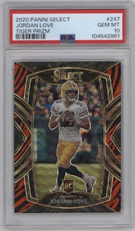 Jordan Love from the 2020 Panini Select set featuring a Tiger Prizm parallel graded by PSA and given an overall grade of 10.