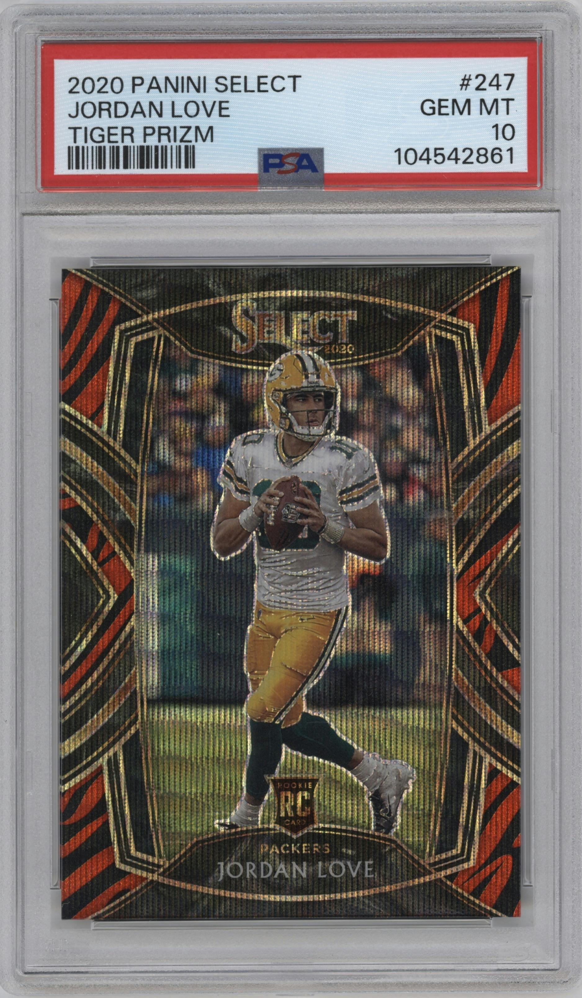 Jordan Love from the 2020 Panini Select set featuring a Tiger Prizm parallel graded by PSA and given an overall grade of 10.