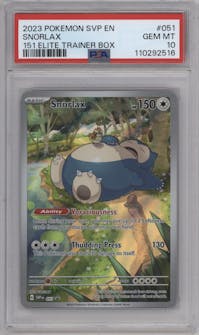 Snorlax from the 2023 Pokemon SV set featuring a Scarlet & Violet 151 Elite Trainer Box parallel graded by PSA and given an overall grade of 10.