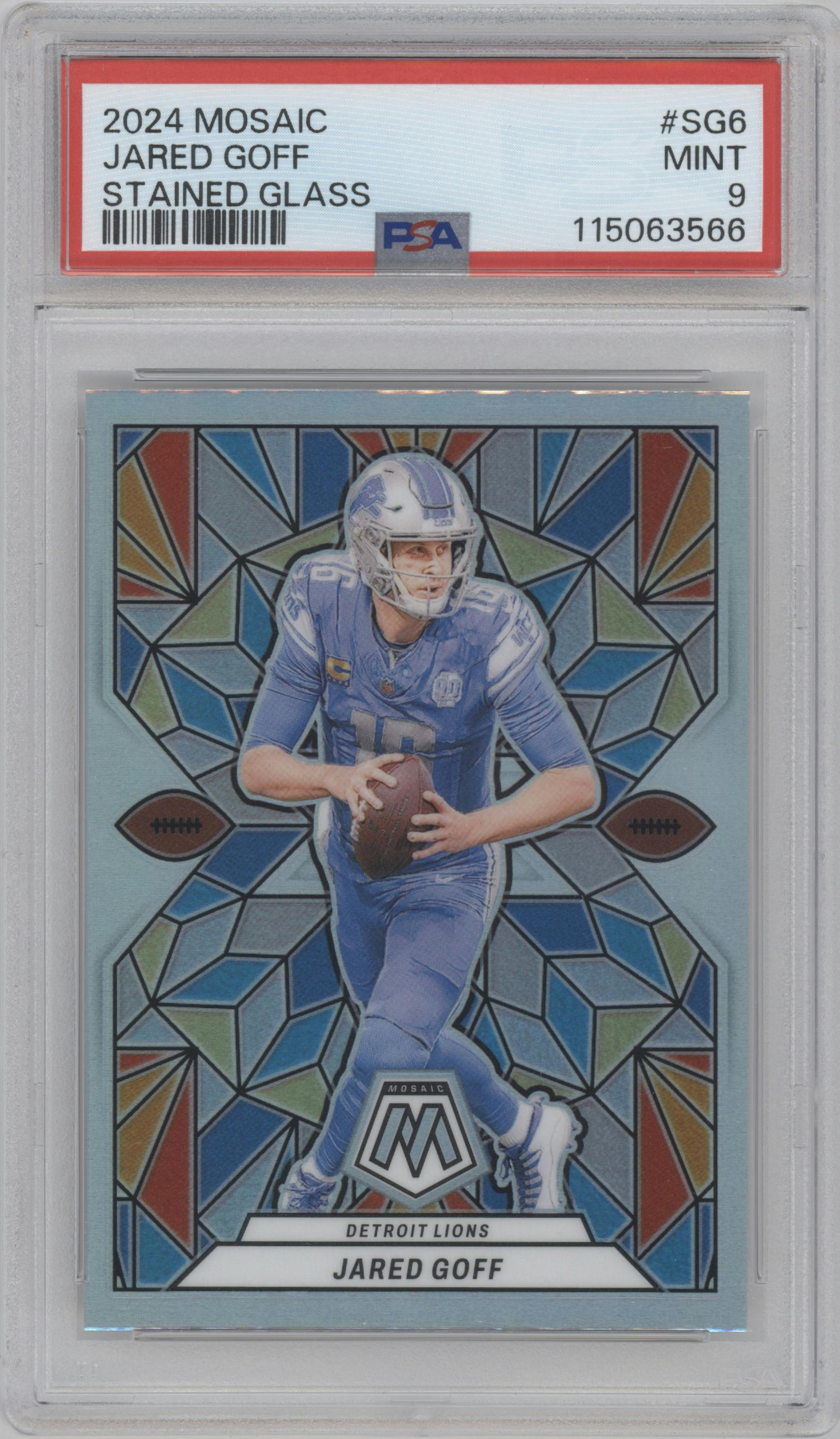 Jared Goff from the 2024 Panini Mosaic set graded by PSA and given an overall grade of 9.