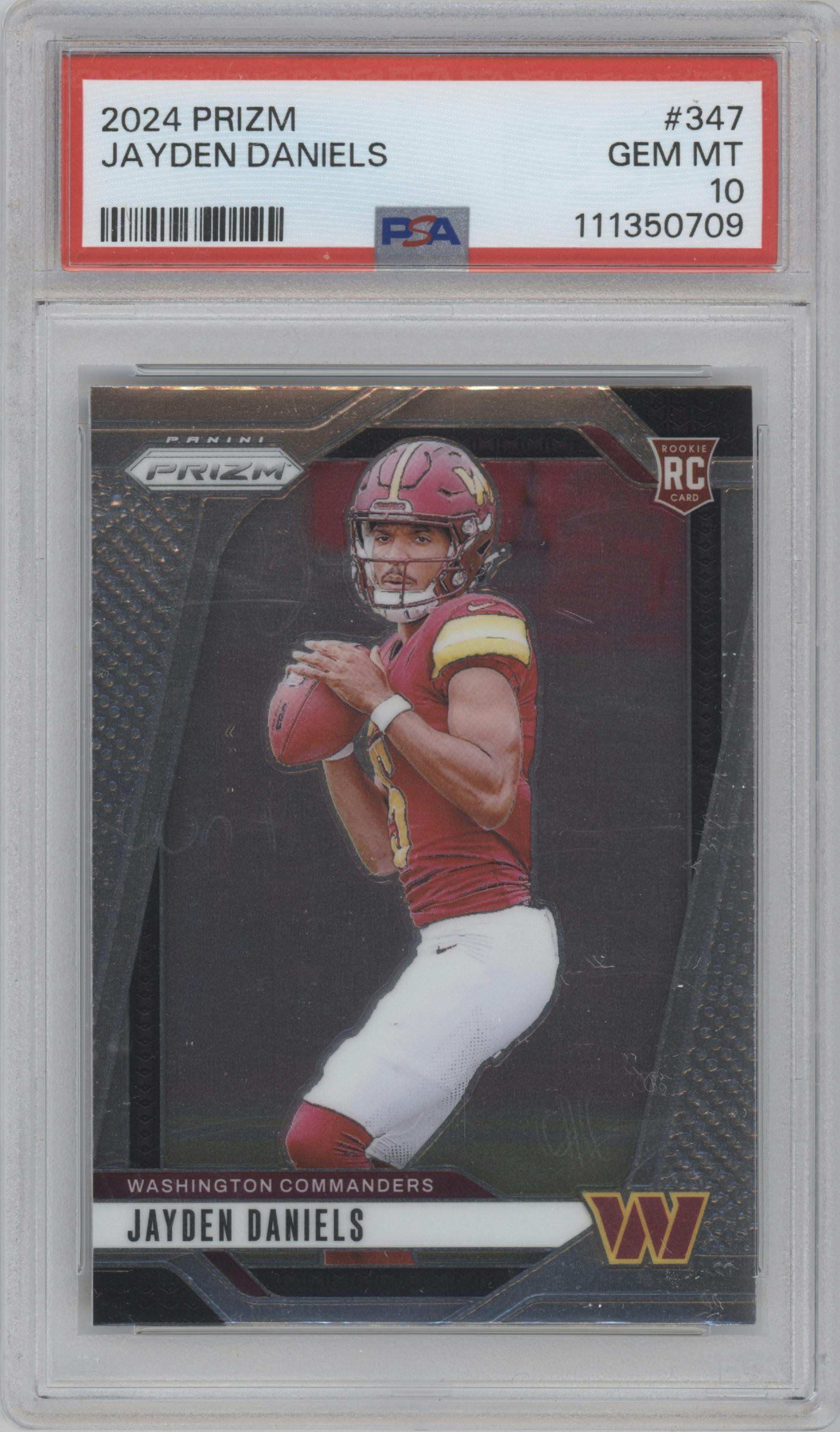 Jayden Daniels from the 2024 Panini Prizm set graded by PSA and given an overall grade of 10.