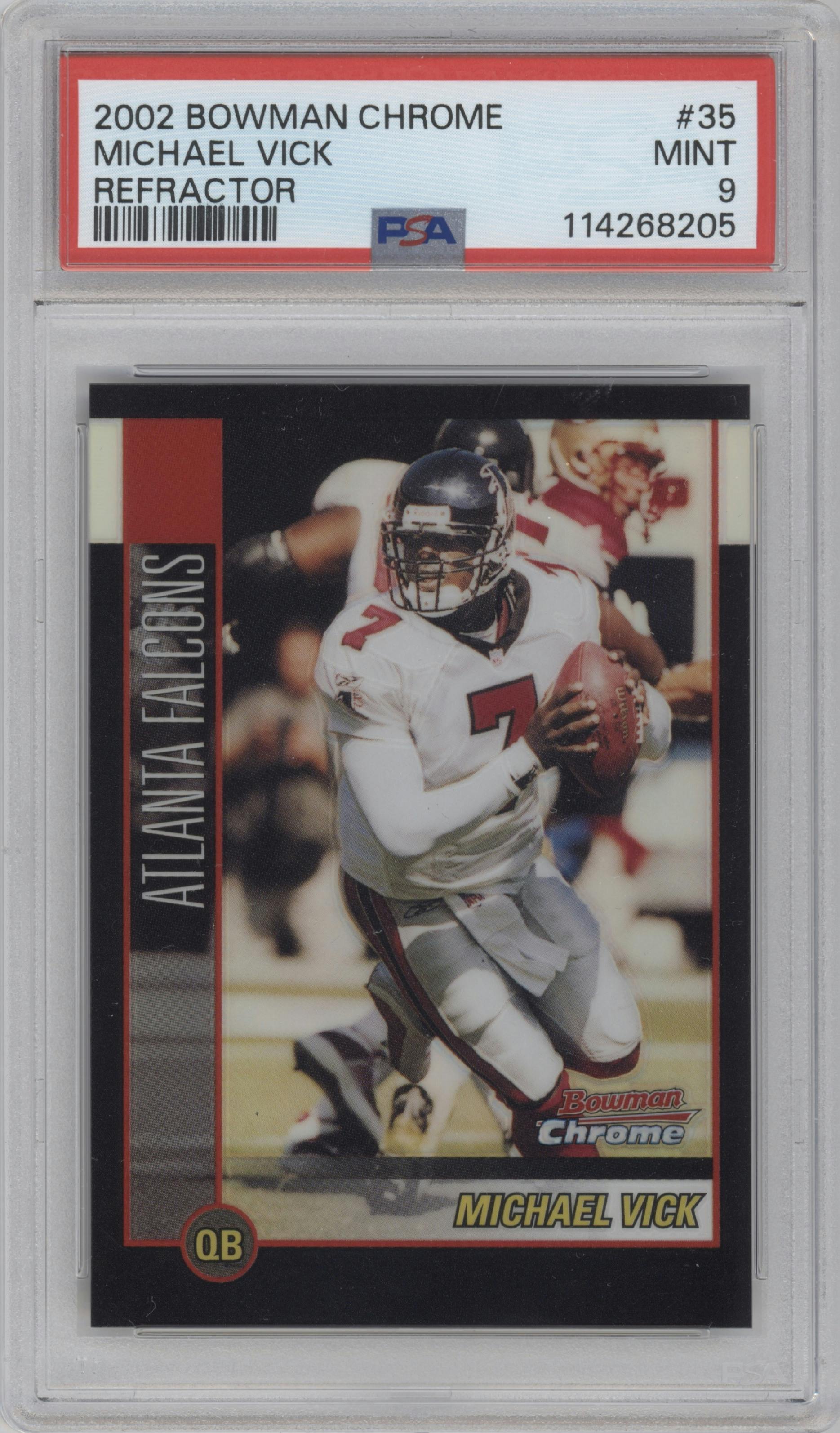 Michael Vick  from the 2002 Bowman Chrome set featuring a Refractor parallel graded by PSA and given an overall grade of 9.