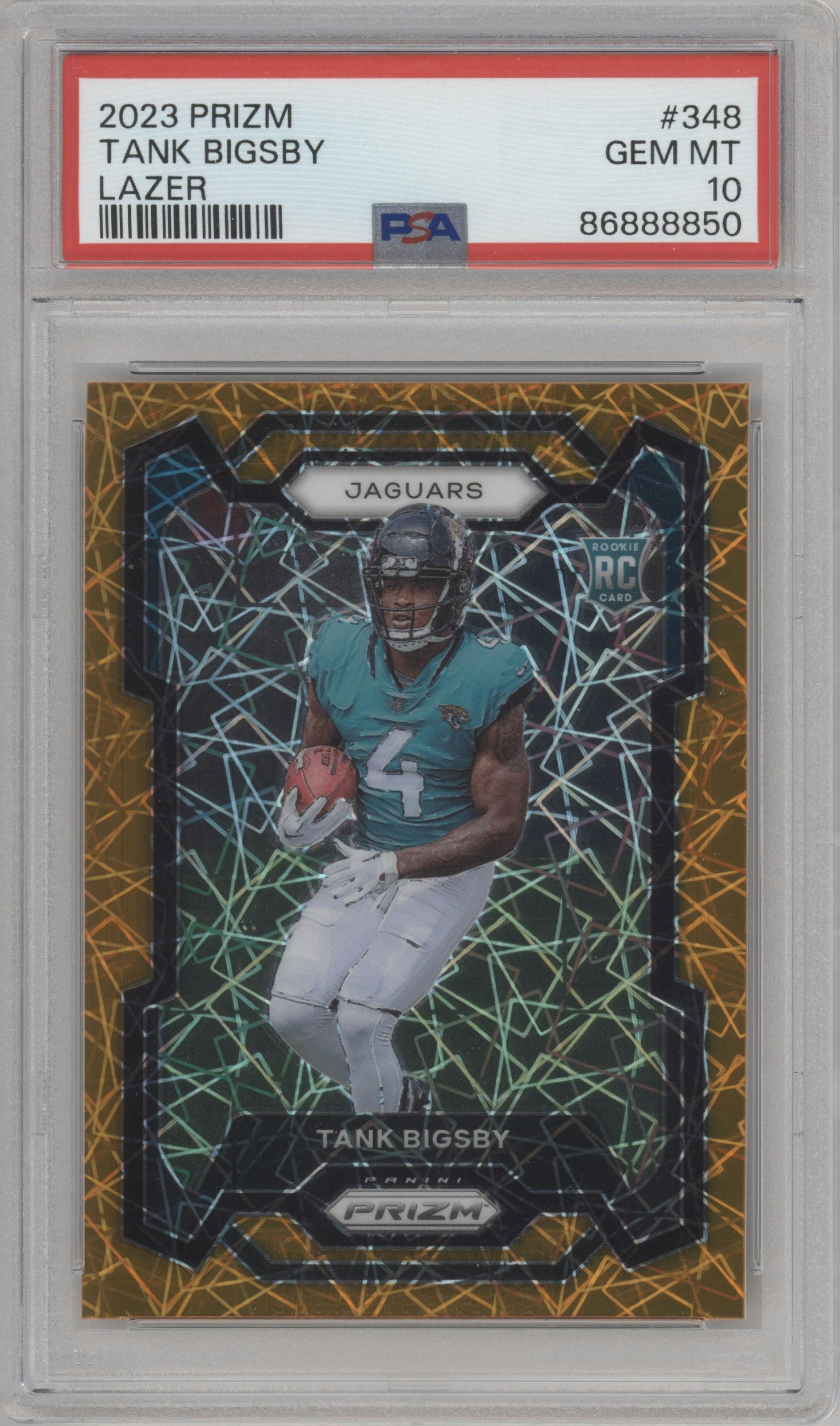 Tank Bigsby from the 2023 Panini Prizm set featuring a Lazer parallel graded by PSA and given an overall grade of 10.