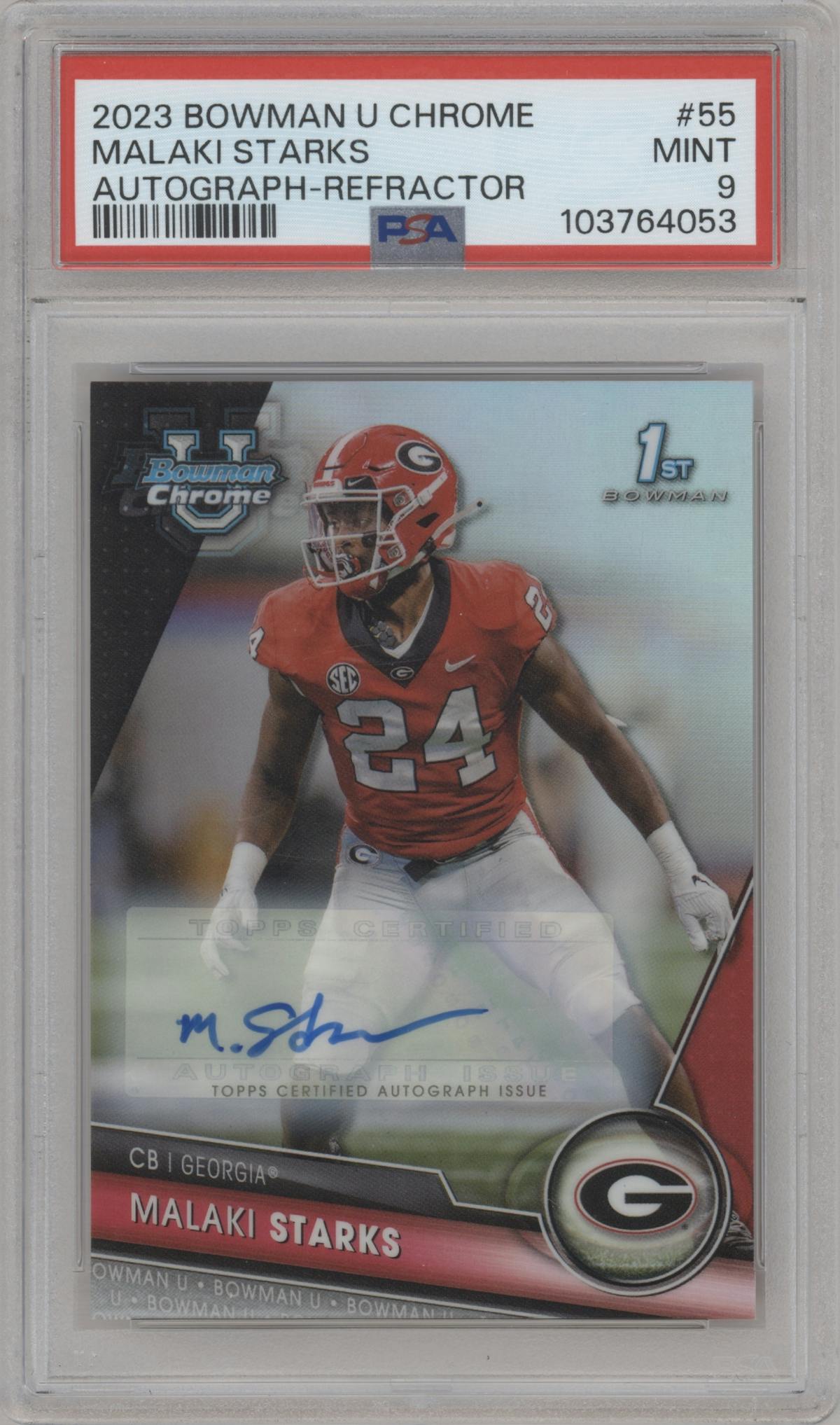 Malaki Starks from the 2023 Bowman Chrome University set featuring a Refractor parallel graded by PSA and given an overall grade of 9.