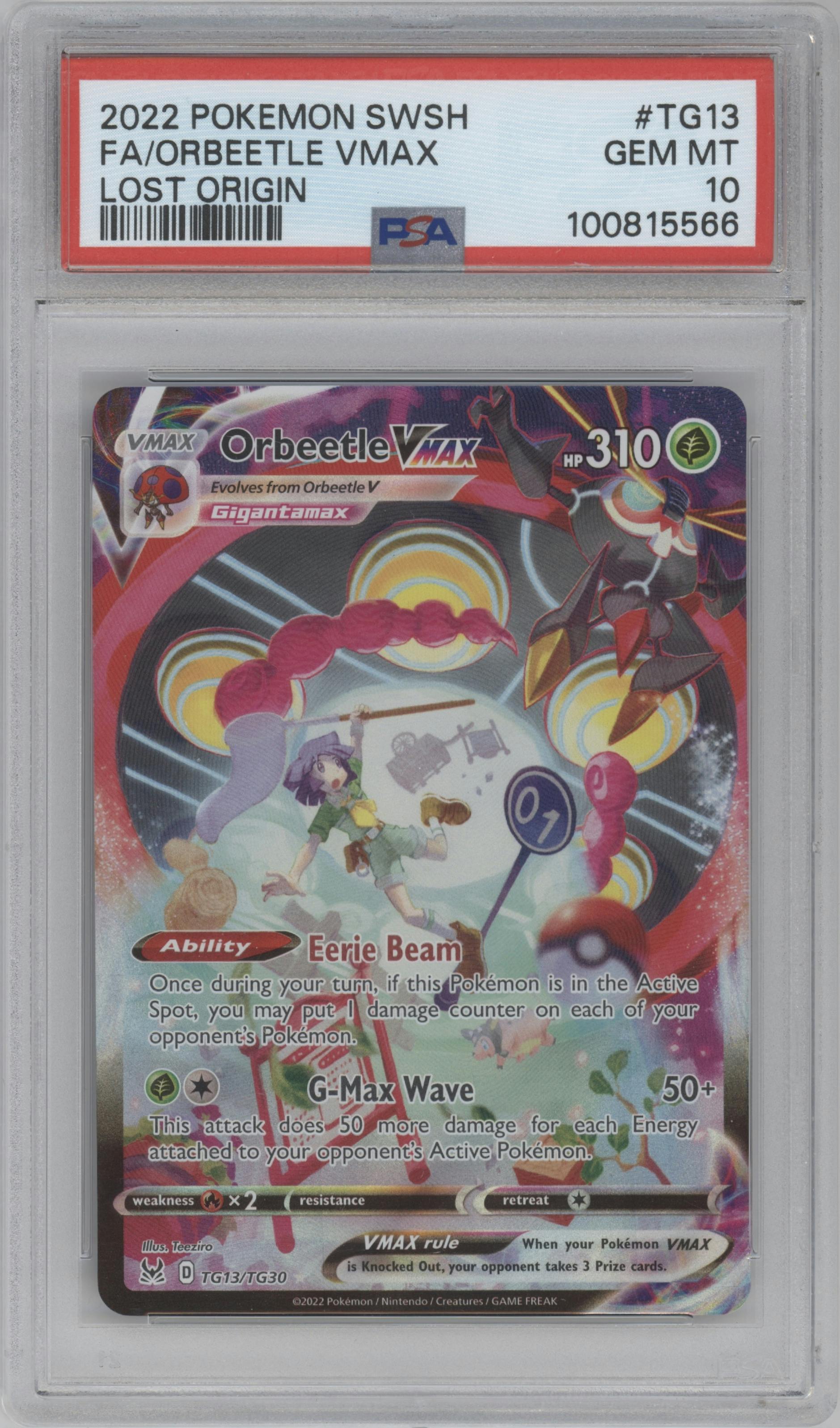 Orbeetle VMAX from the 2022 Pokemon SWSH set graded by PSA and given an overall grade of 10.