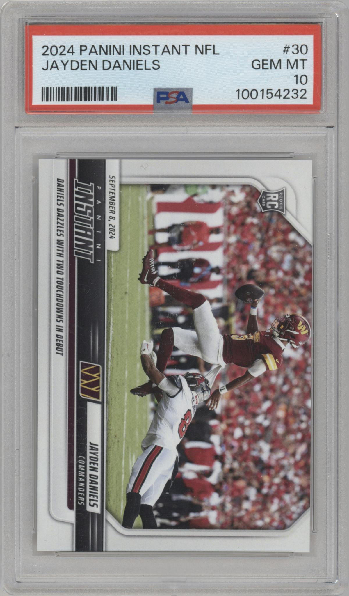 Jayden Daniels from the 2024 Panini Instant NFL set graded by PSA and given an overall grade of 10.